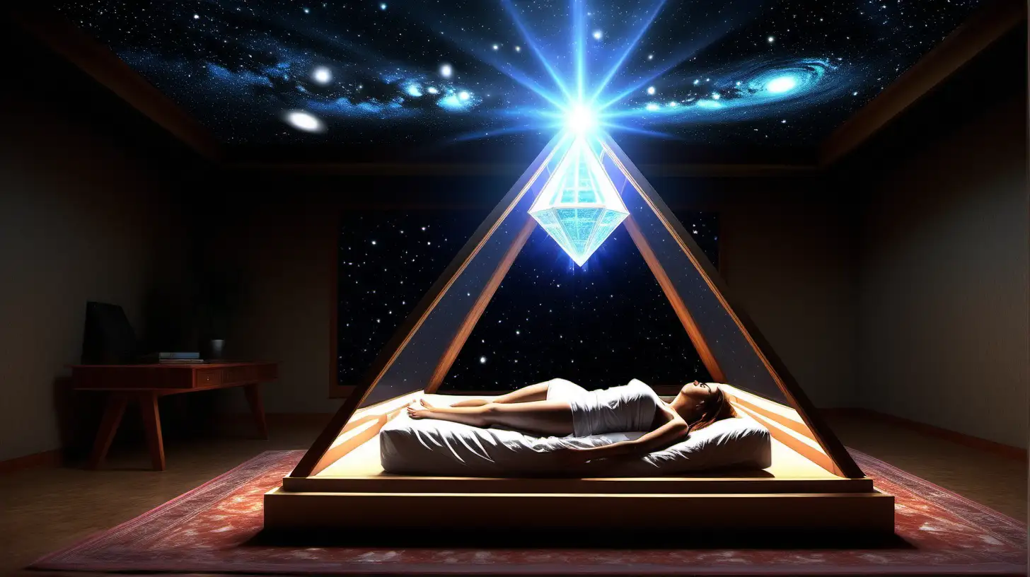 Divine pyramid healing light of galactic universe. Show pleiades around pyramid pouring light into a human laying inside pyramid receiving healing. Make it cinematic and realistic like a movie. Make the pyramid a copper pyramid with crystals on the top and at the corners. Make the human lying down on a bed inside the base receiving the light pouring into their heart and body. Make it cinematic and realistic like a movie even more. Make the pyramid see through and inside a room on a space ship. Make it more cinematic and realistic. Now have light pouring in from the star illuminating the human. Just like that but now put a human laying on a bed inside the pyramid receiving the light. Now put the pyramid in a room under the galaxy and pleaides. Make it cinematic and realistic like a real life movie. Show the light entering and reach the human's body. Make it more real-life and cinematic. More healing light into the human. Show crystals around the room. Make it more cinematic and realistic. Bring the light further down into the body