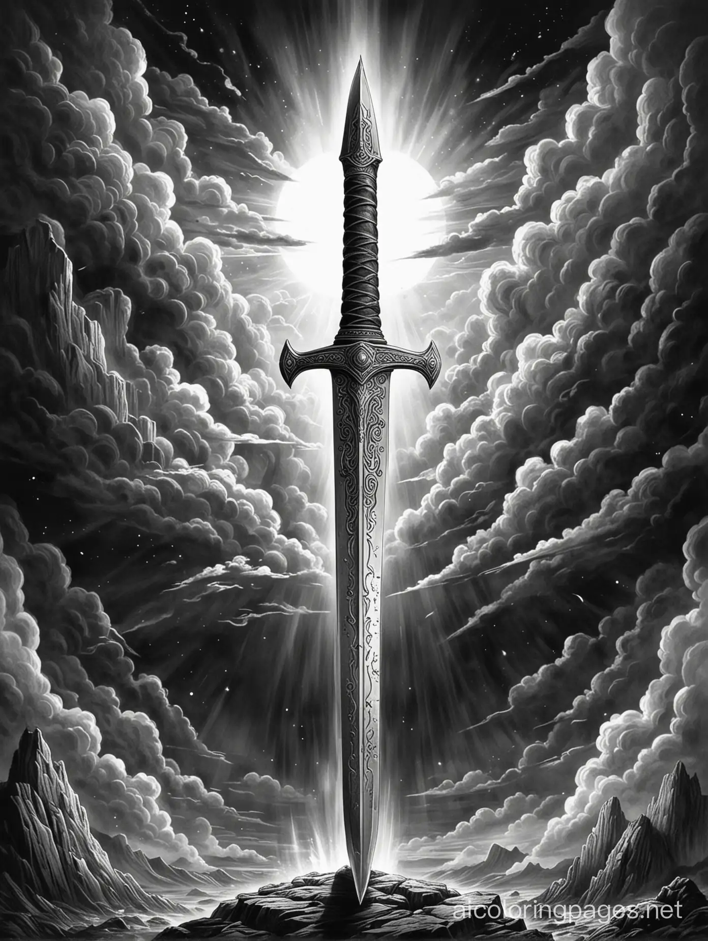 ((black and white illustration)) a sword ((the sharp point of the sword is pointing at the top of the page)) emitting bright light in all directions, in the middle of a gloomy dark sky,  ((darkness is fleeing from the sword)), Coloring Page, black and white, line art, white background, Simplicity, Ample White Space. The background of the coloring page is plain white to make it easy for young children to color within the lines. The outlines of all the subjects are easy to distinguish, making it simple for kids to color without too much difficulty
