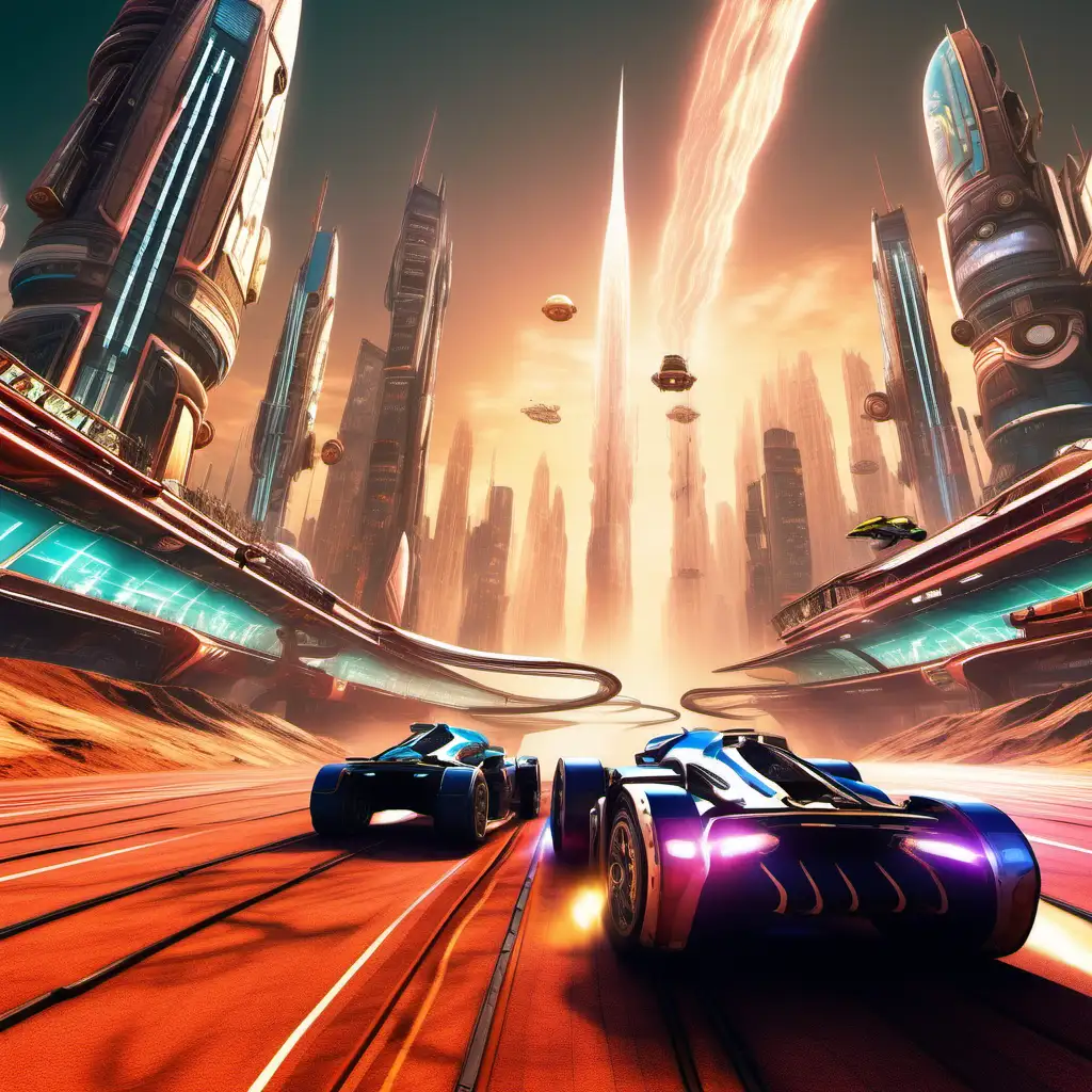 Create a wildly imaginative virtual reality racing tournament, where the simulators are part spaceship, part race car, decorated with flamboyant, sci-fi embellishments. The racers are decked out in over-the-top, futuristic racing gear, complete with glowing visors and neon accents. The race takes place in an outlandish setting that combines elements of ancient mythological worlds with futuristic cityscapes—think flying through Olympus with a pit stop on a cyberpunk Mars. Enthusiastic alien spectators cheer from hovering platforms, and a digital leaderboard sparkles overhead with ever-changing stats. This scene blends high-tech racing with playful, fantastical elements to highlight the immersive and thrilling experience VR Simulators provides.