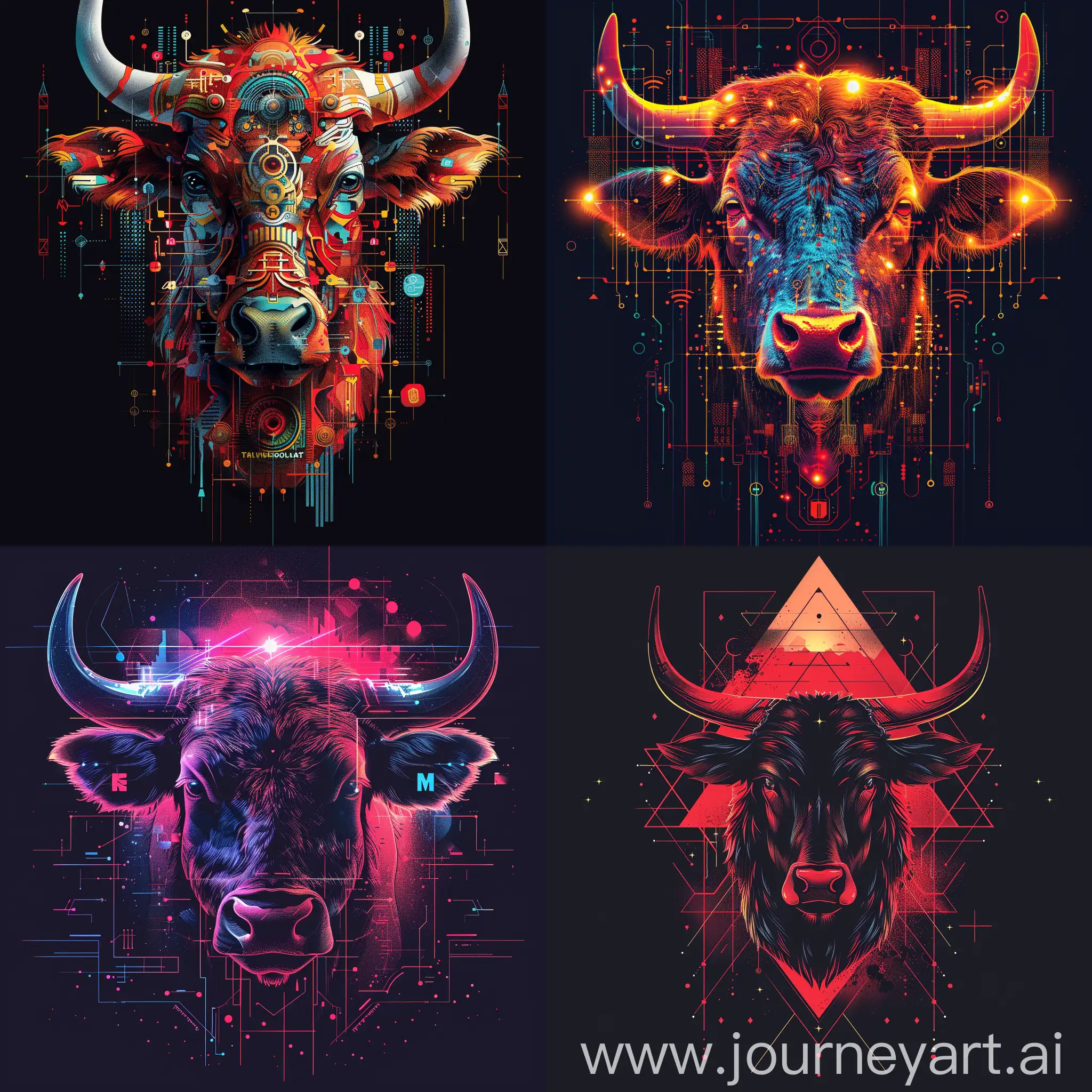 Futuristic-Cyberpunk-Bull-Logo-with-Geometric-Elements-and-Gaming-Symbols