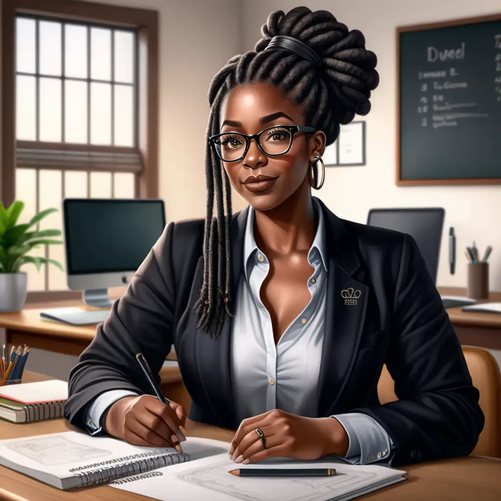 An realistic beautiful 
Black dark skin thick woman,  she wearing beautiful black dreadlocs up in a bun hairstyle, Boss babe, She is a professor, She is wearing a professional outfit, She is wearing glasses, She is teaching at a college university to her students