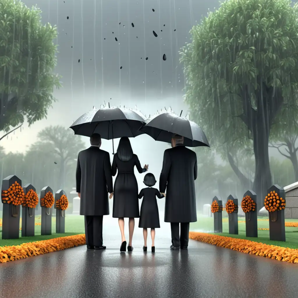 Create a 3D illustrator of an animated scene of a  family attending a funeral while raining. Beautiful spirited background illustrations.