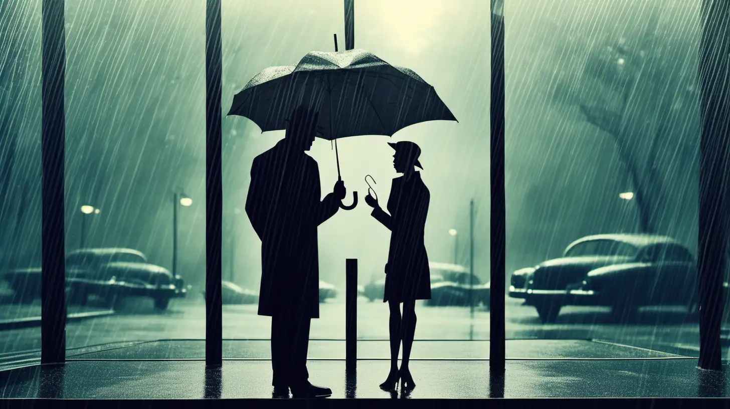 Looking through glass. Rainy day but also sunshine. we are in a futuristic City Park. include characters Film Noir Mood. Place two characters in a nature setting. only one of them has an umbrella. make it the same couple through out the 4 versions