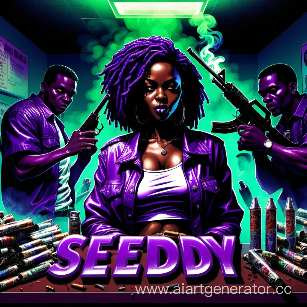 African-Descent-Gang-Leader-with-M60-Machine-Gun-and-Sewdy-Logo-in-Pixel-Distorted-Scene