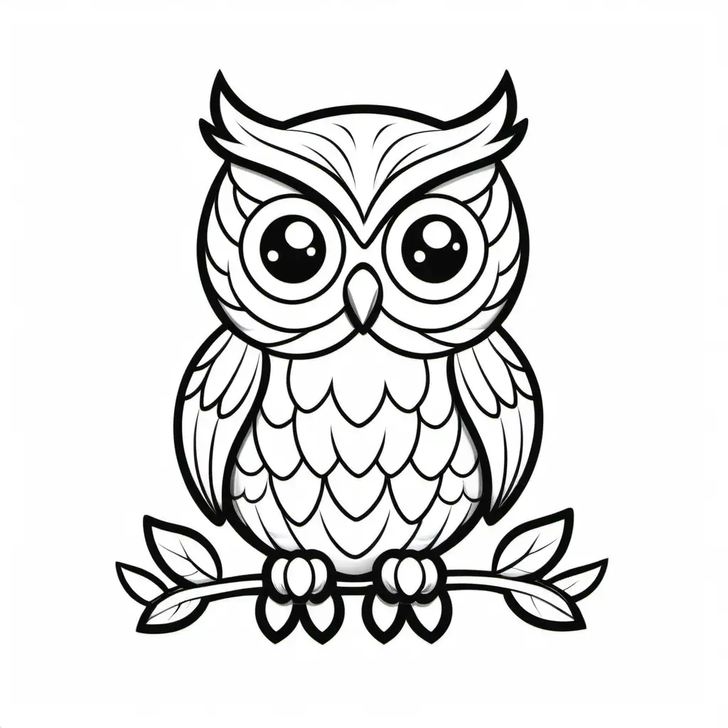 A cartoon illustration in black and white line art, of  an Owl. The style is cute Disney with soft lines and delicate shading. Coloring Page, black and white, line art, white background, Simplicity, Ample White Space. The background of the coloring page is plain white to make it easy for young children to color within the lines. The outlines of all the subjects are easy to distinguish, making it simple for kids to color without too much difficulty, Coloring Page, black and white, line art, white background, Simplicity, Ample White Space. The background of the coloring page is plain white to make it easy for young children to color within the lines. The outlines of all the subjects are easy to distinguish, making it simple for kids to color without too much difficulty