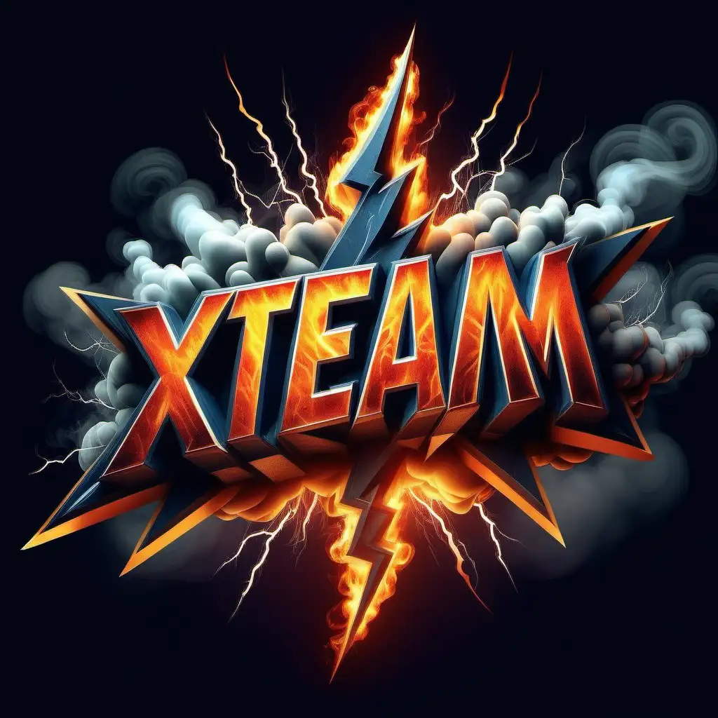 Dynamic profesjonalne logo napis, "XTEAM" logo with strong lightning, fire and smoke, exuding energy and intensity."