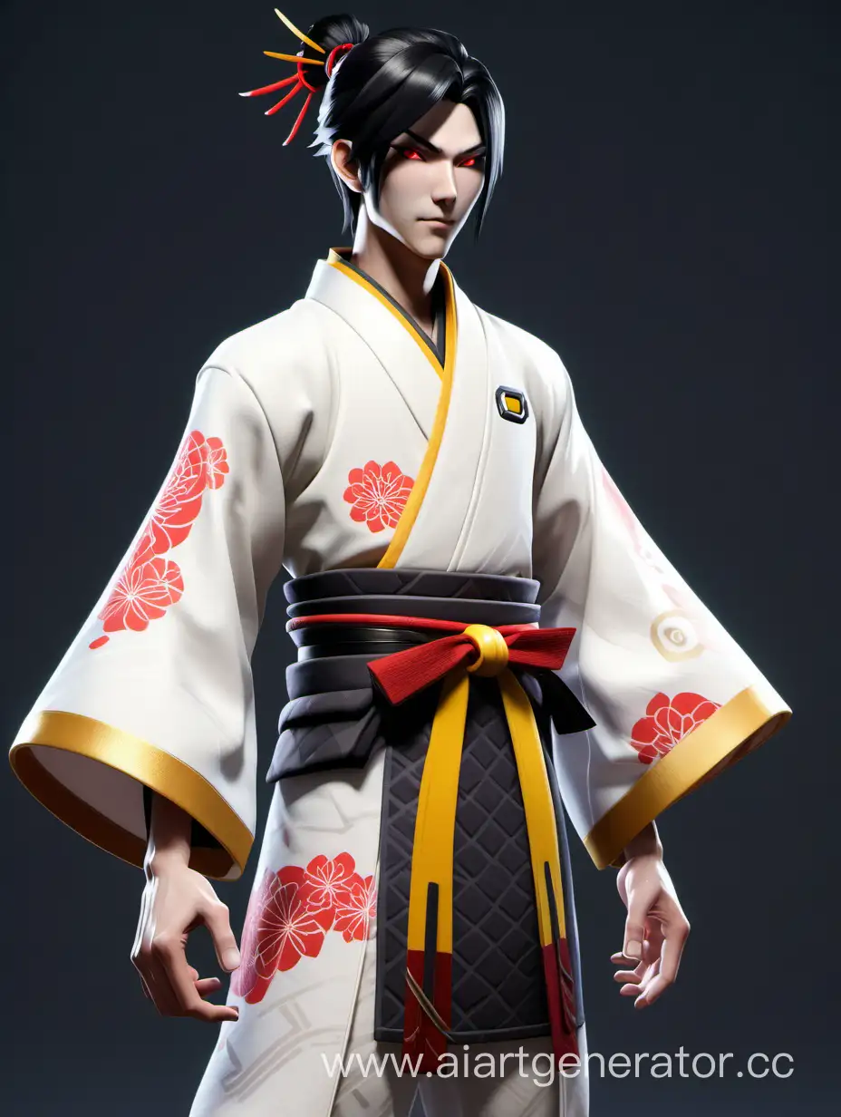 Character in the style of Overwatch 2, a slender Asian-looking guy dressed in a traditional white Japanese kimono with red elements, black hair, and yellow eyes.