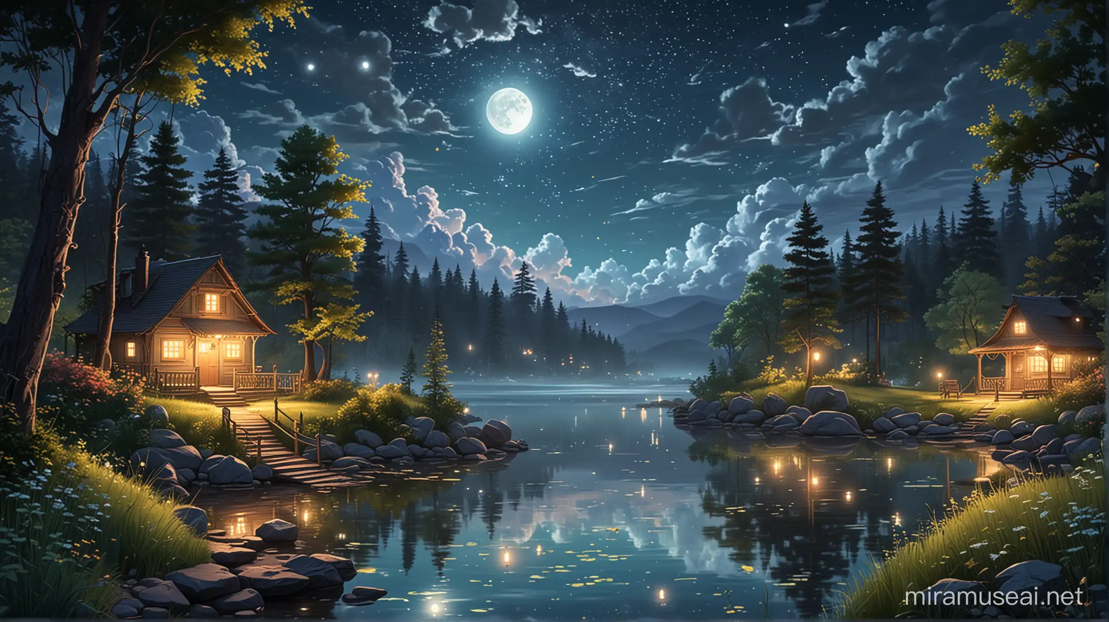A whimsical and enchanting summer night scene in cartoon style. The sky is a canvas of twinkling stars, fluffy clouds, and a shining moon emitting a soft glow. The landscape is filled with leafy trees, a serene lake, and lush grass, with bushes and rocks scattered throughout. Fireflies illuminate the forest, adding a touch of magic to the atmosphere. The overall ambiance of the image is tranquil and dreamy, perfect for a nighttime escape.