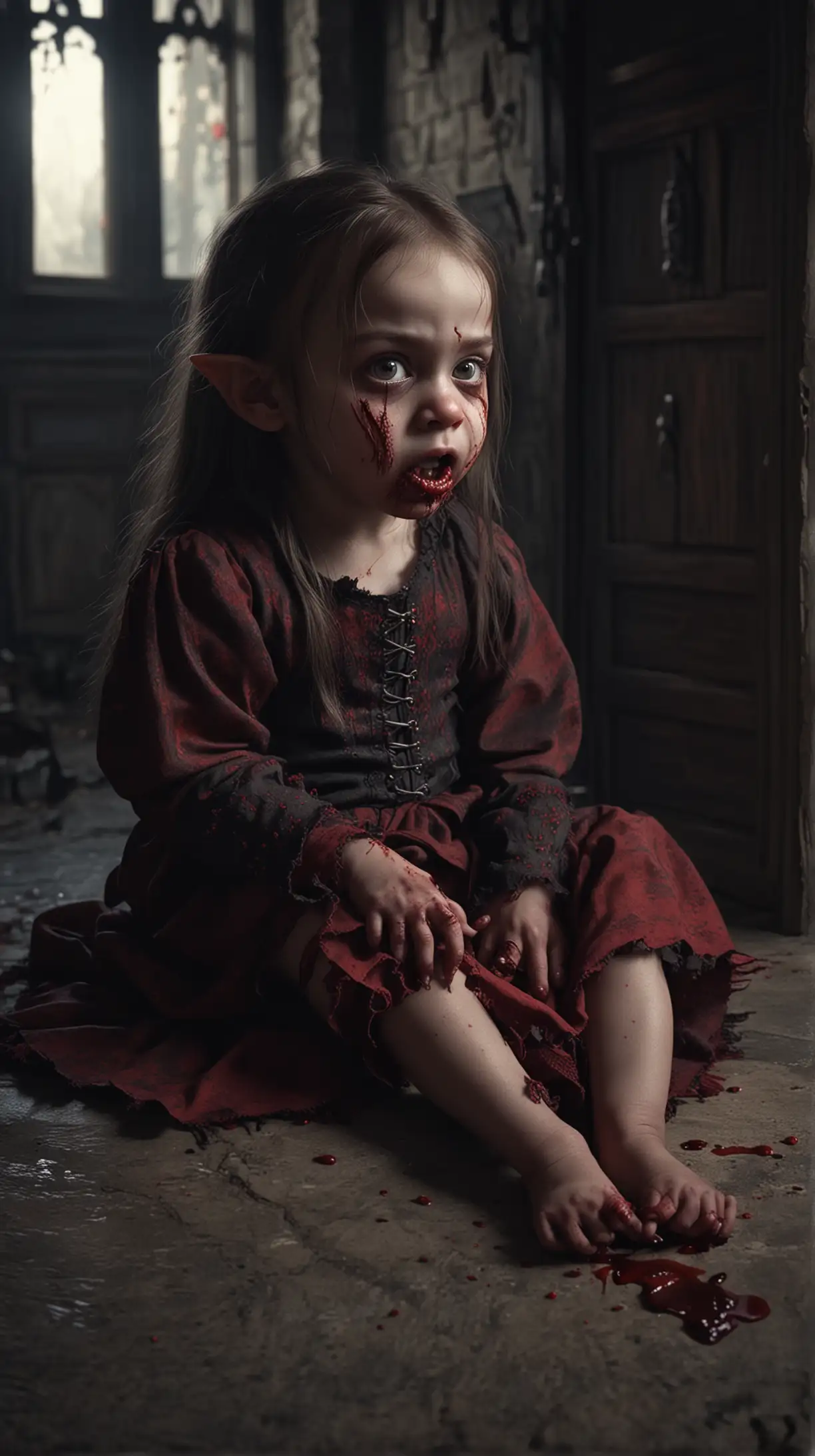 small girl baby demon with ugly and dreadful vampire alike face, who is sitting and sucking blood from sleeper, inside of medival house on background at night, hyper-realistic, photo-realistic