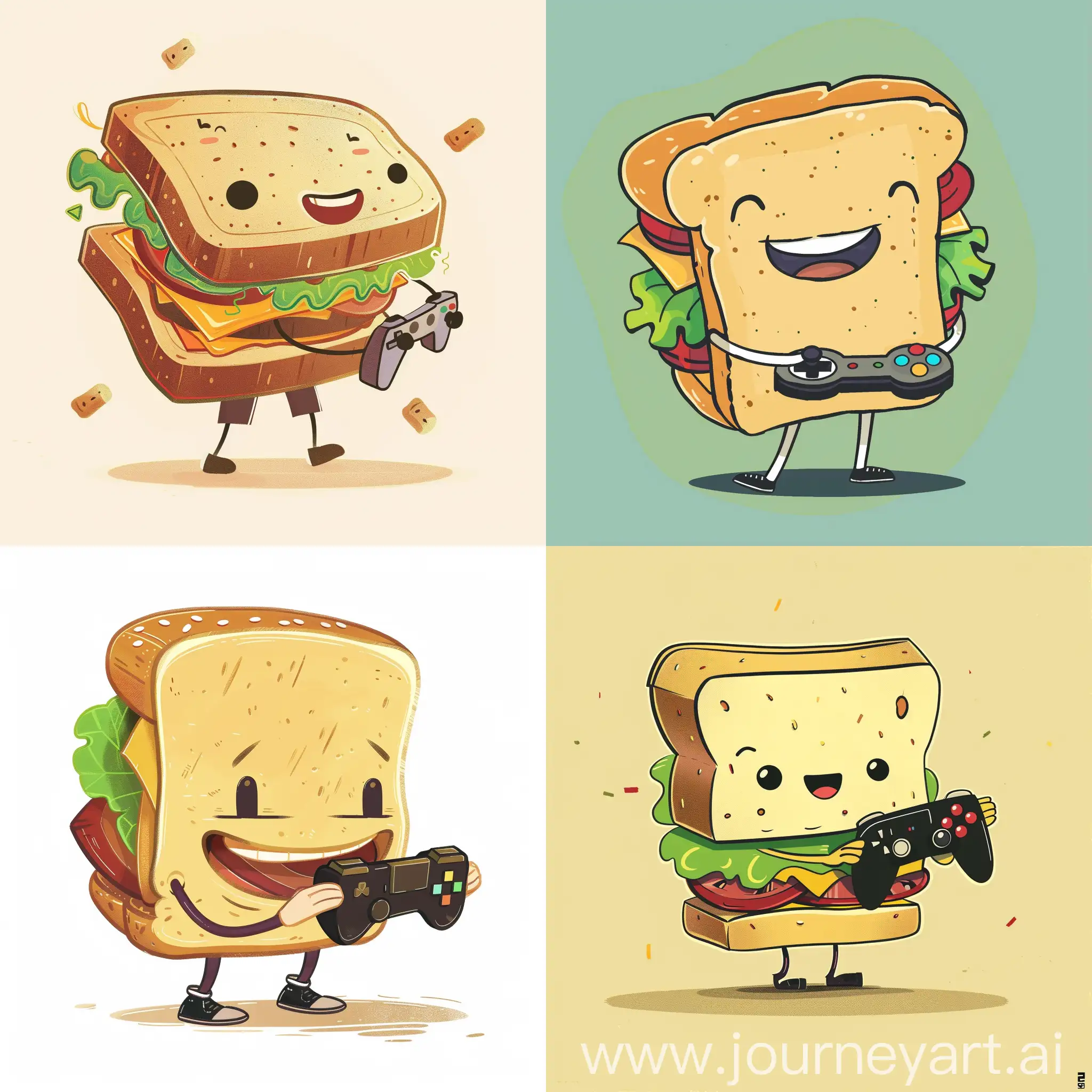 卡通风格，一个拟人化的三明治正在拿着游戏手柄打游戏，微笑