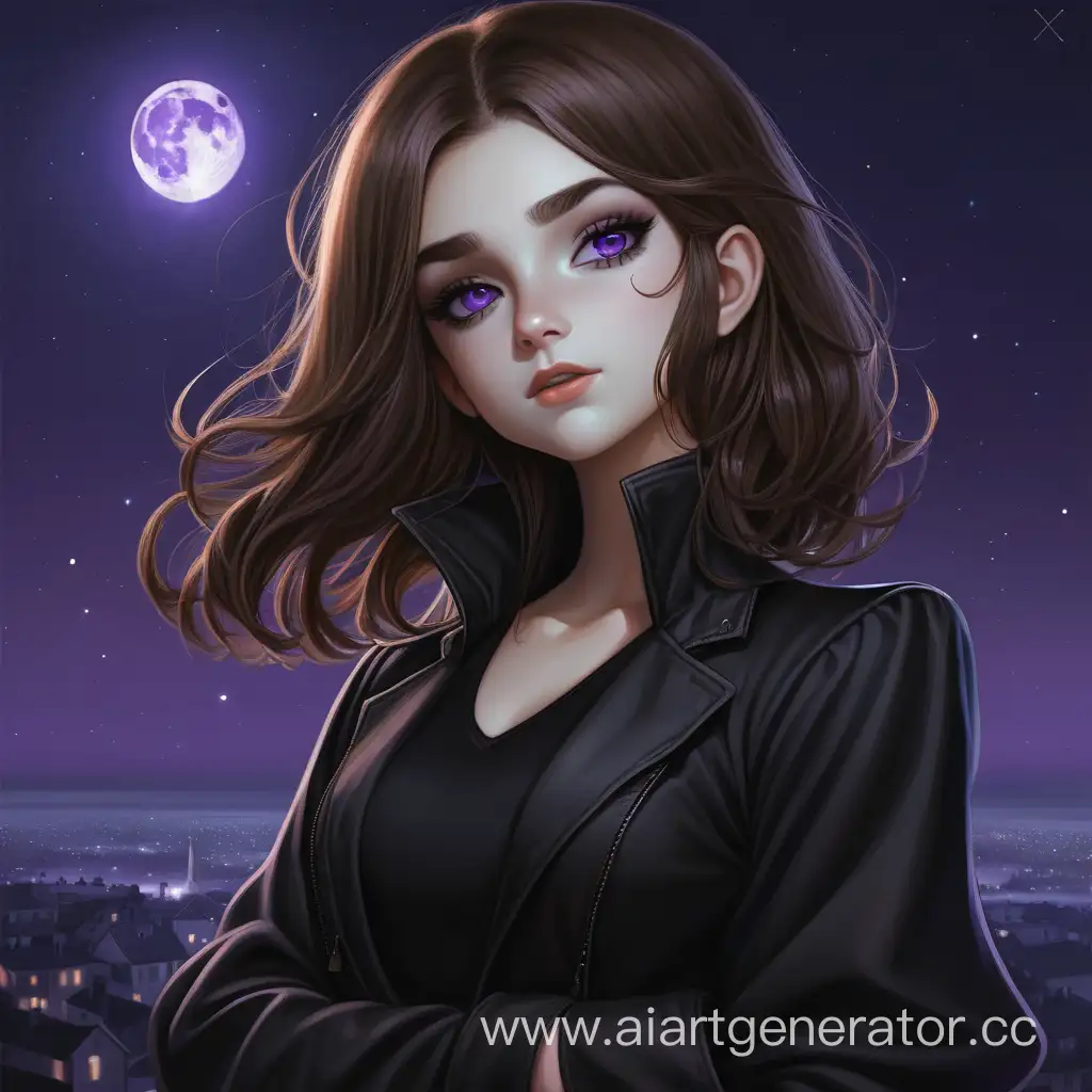 Villain girl with brown hair and beautiful purple eyes. Dressed in black clothes. Standing under the night moon.