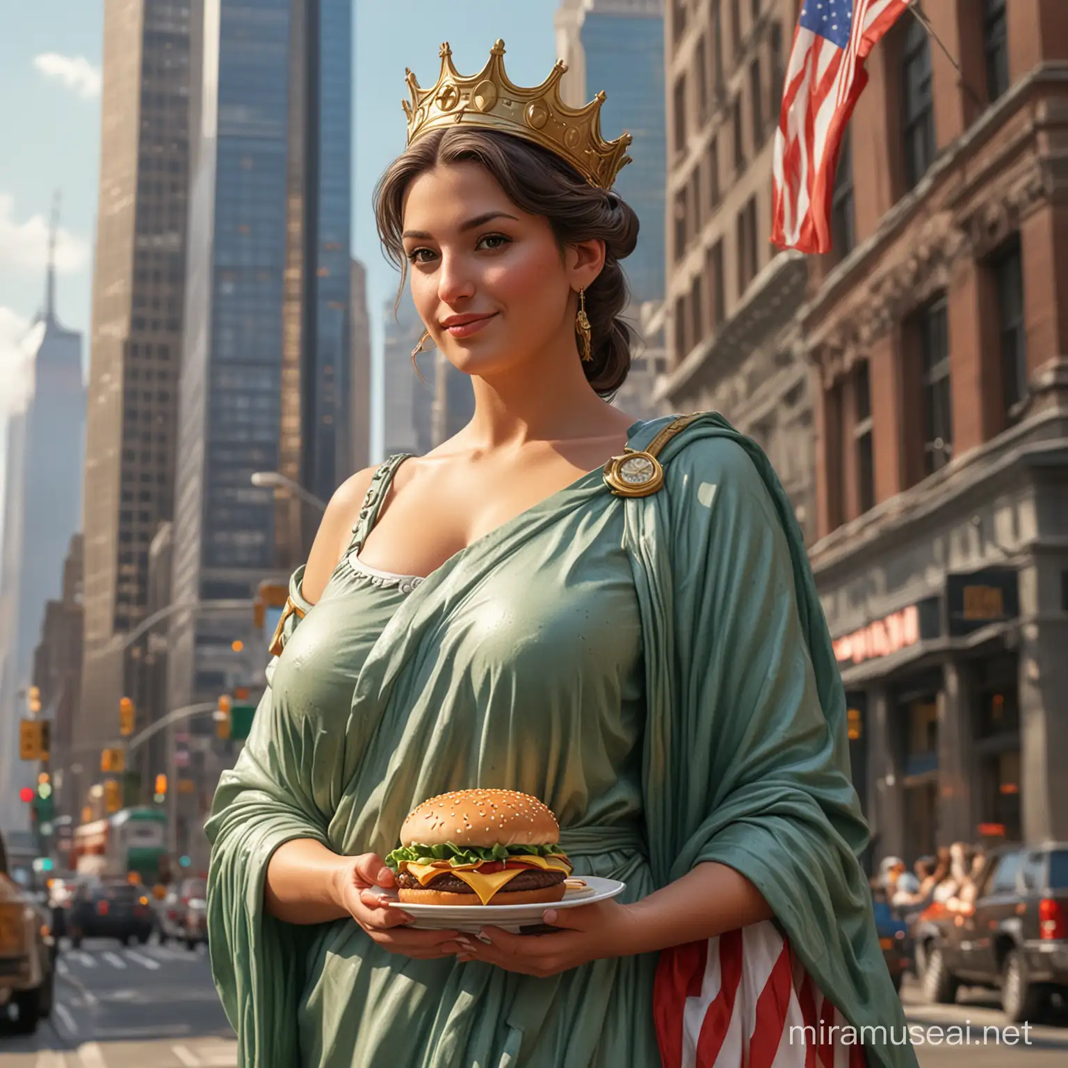 (best quality, highres, ultra-detailed, realistic), large-breasted statue of liberty, with a large, bulging belly, enjoying a juicy hamburger in her hands. Her cheeks are chubby and puffy, giving her a cute and playful appearance. The statue's eyes are filled with delight as she savors every bite of the delectable burger. The iconic crown on her head adds a regal touch to her jovial expression. The scene is bathed in warm, golden sunlight, accentuating the vibrant colors of the American flag draped around her shoulders. The background showcases the majestic New York City skyline, with towering skyscrapers and bustling activity. The overall atmosphere is lively and celebratory, capturing the essence of freedom and indulgence.