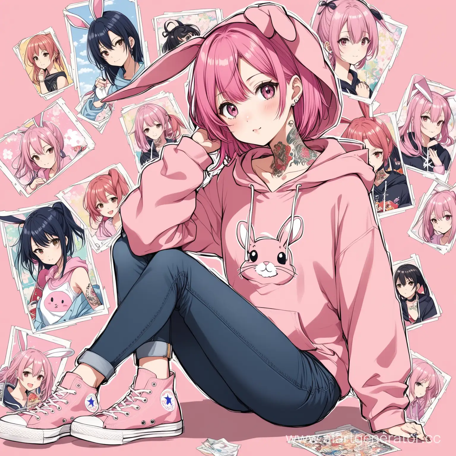 A Japanese girl with pink hair who looks about 19 years old, dressed in a pink hoodie with an anime bunny pattern, dark jeans and converse, anime style tattoo on her neck