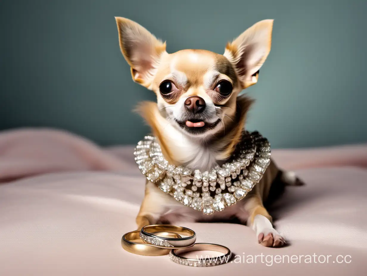 Chihuahua with wedding rings in its teeth