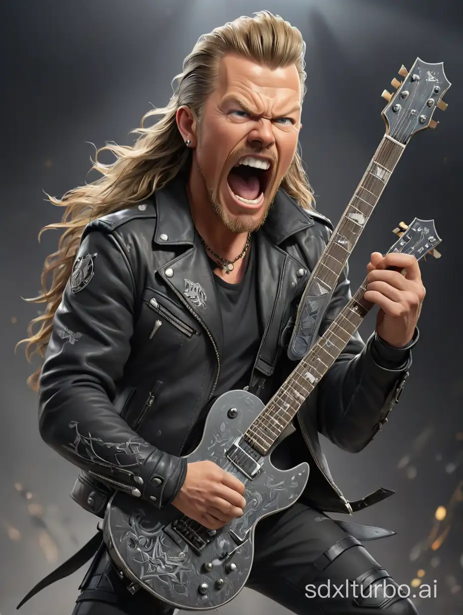 caricature james hetfield playing electric guitar in the middle of the show, wearing a dark leather jacket, intricate design, contributing to the rockstar aesthetic in the eyes of the audience. The gray background, a visual representation of the atmosphere of a rock or metal concert.