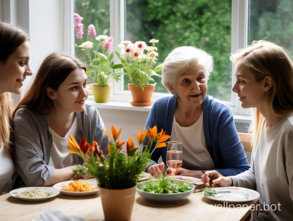 Image showing three women of different ages with fair skin, e.g., grandmother, mother, daughter, teenager, sitting around a table during a meal, engaging in an inspiring discussion, reflecting an atmosphere of mutual support and exchange of experiences, with a lit window and several flowers, potted plants in the background.