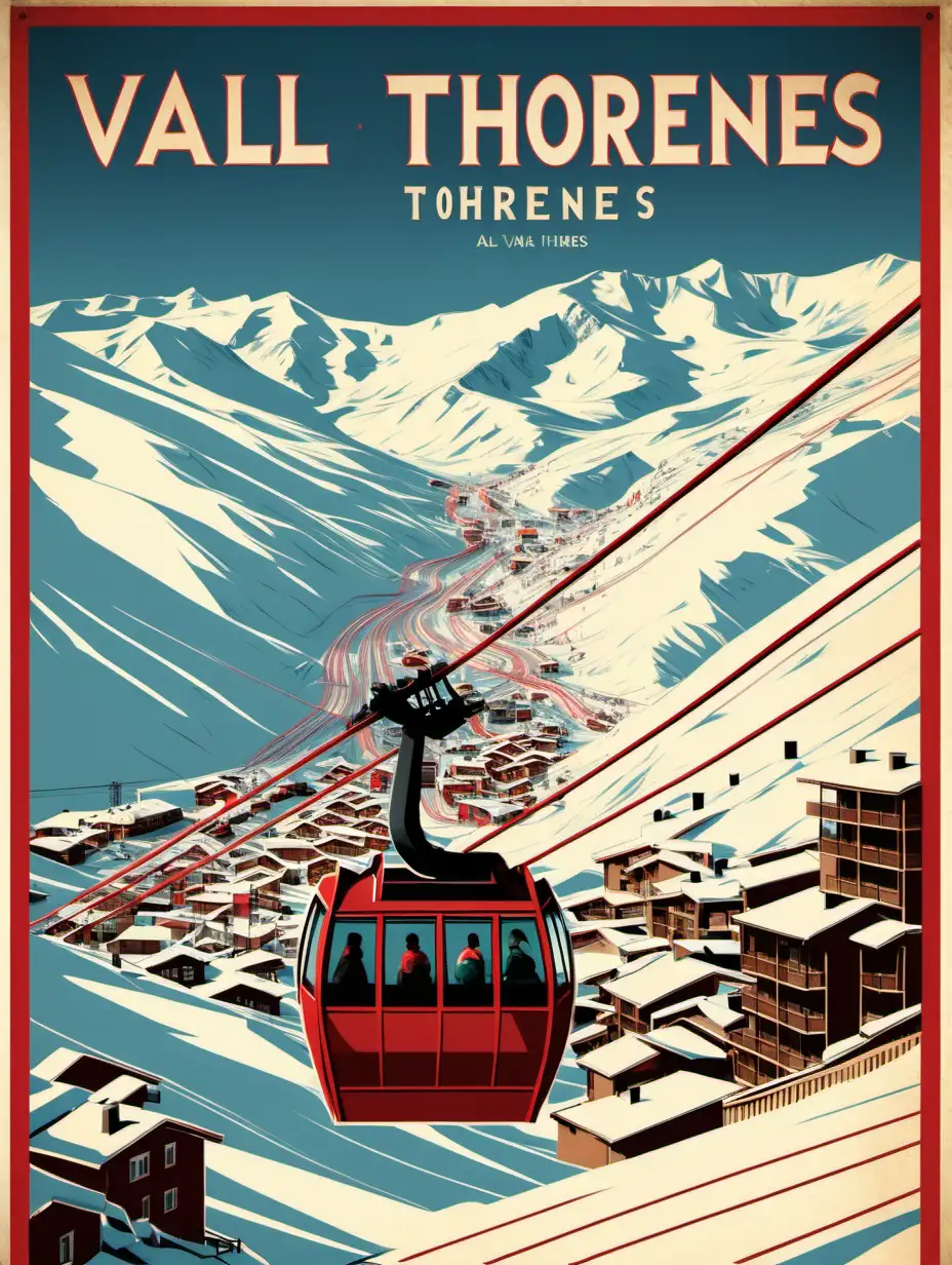 Vintage Val Thorens Poster Featuring a Red Cable Car