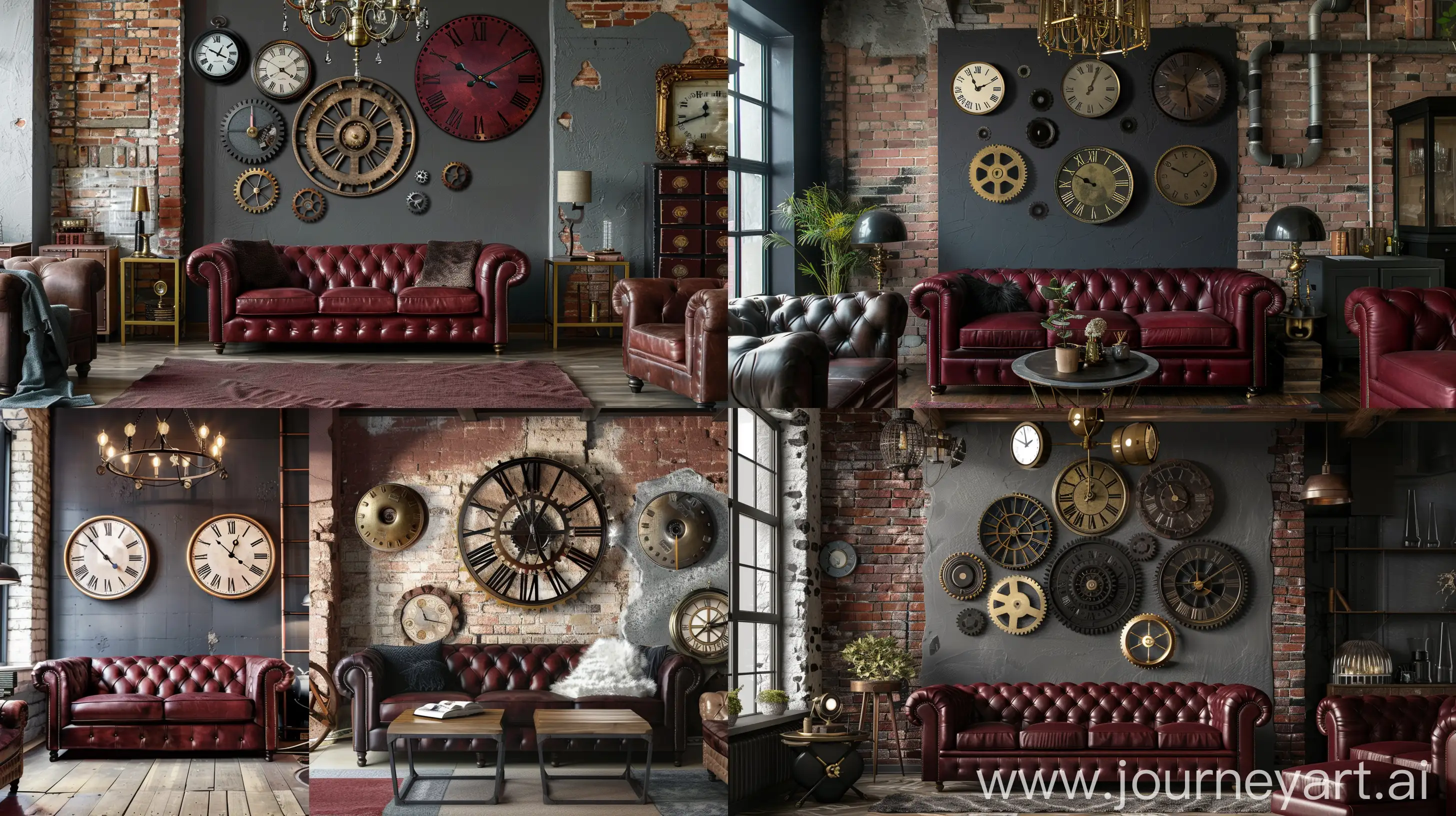 Industrial Chic Living Room. Think exposed brick walls adorned with vintage clocks, leather Chesterfield sofas, and a centerpiece chandelier made from repurposed gears, Deep burgundy, polished brass, and charcoal gray. These colors meld together to create a warm, inviting atmosphere with a touch of mystery. --ar 16:9