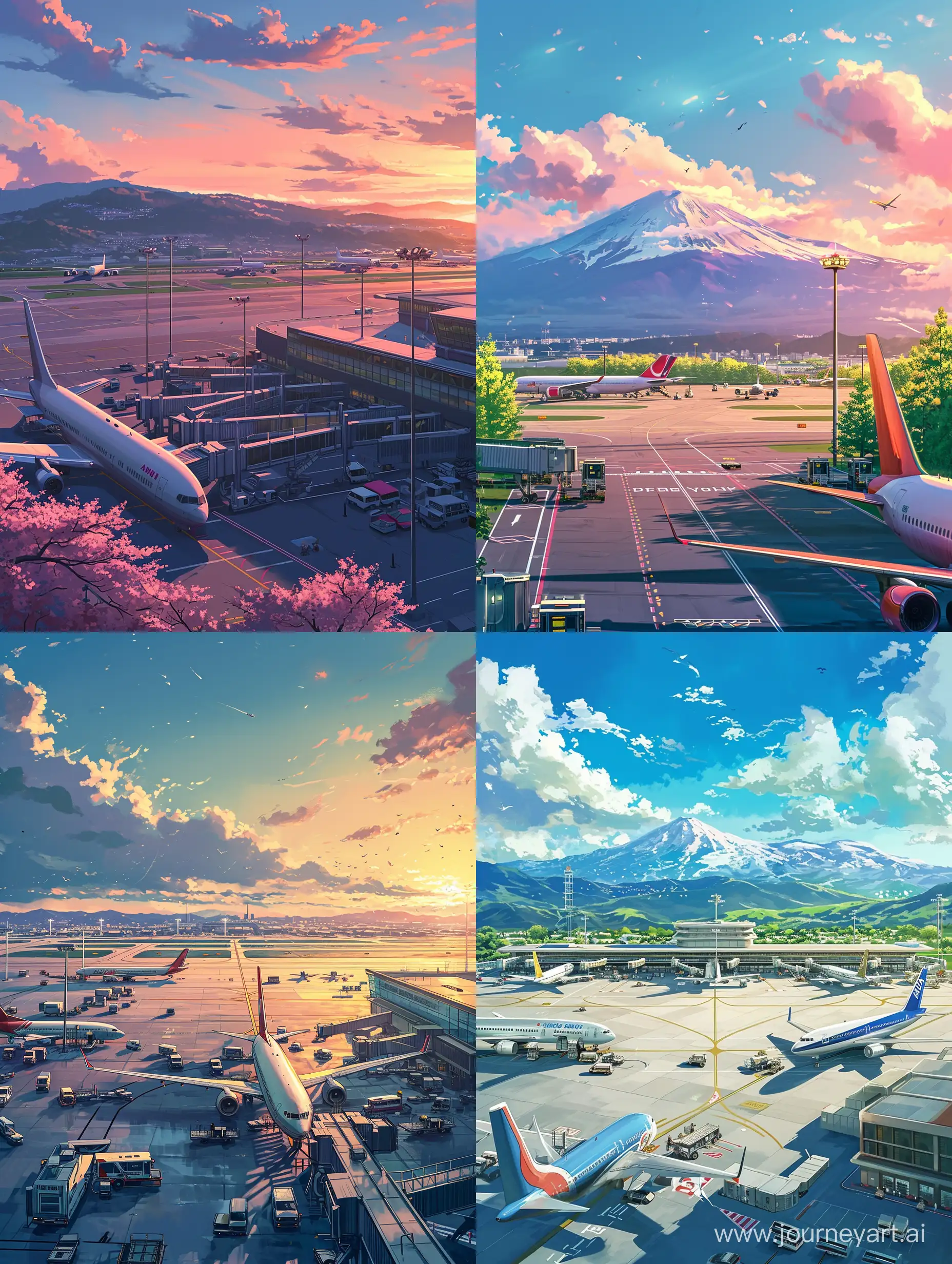 A picture of a beautiful airport with airplanes inspired by Studio Ghibli Art Style