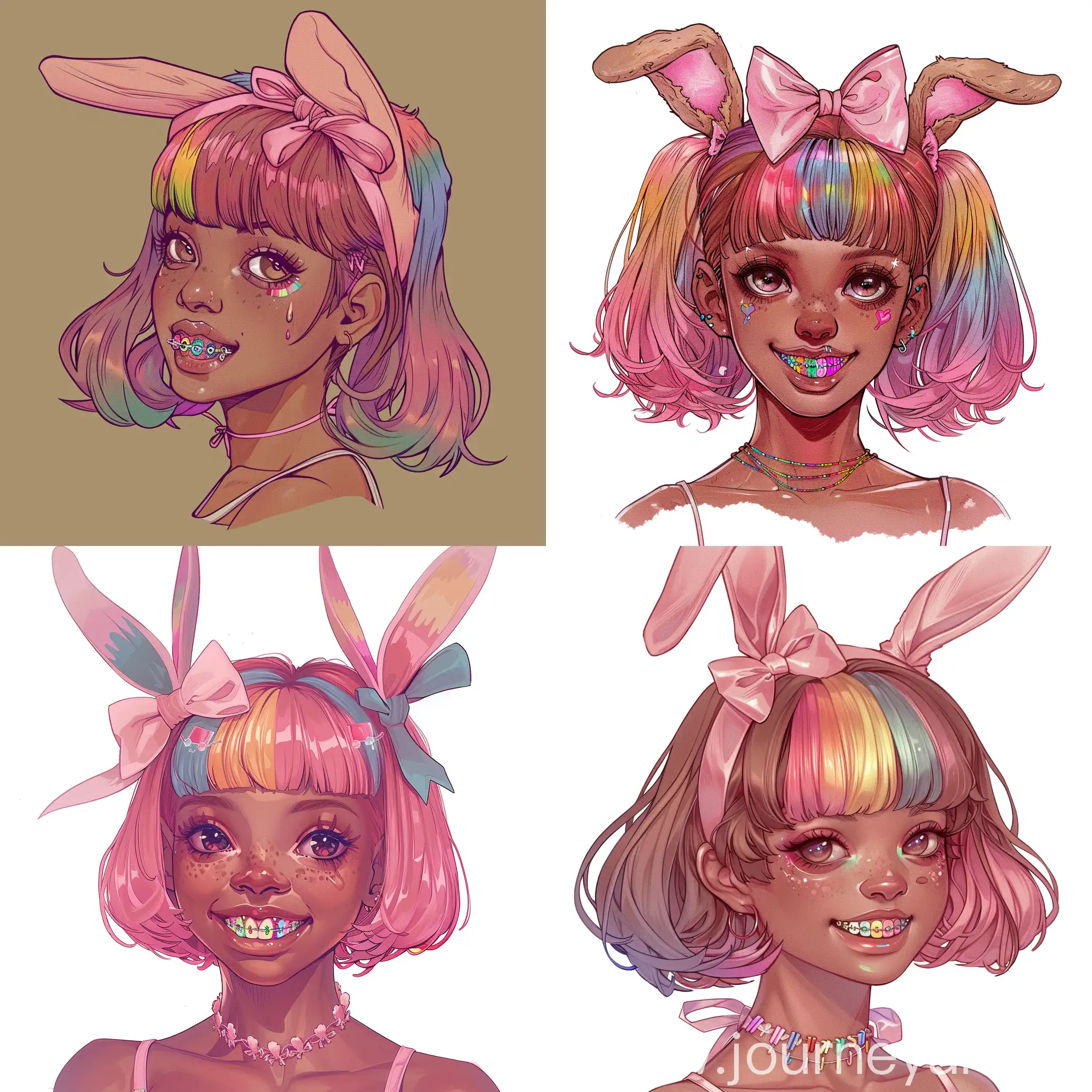 A brown skin colored girl with pink hair with pastel rainbow dyed bangs, she has short colored hair in a half up half down style with pigtails, she has a pink bow in her hair, she has bunny ears, she has buck teeth with rainbow braces