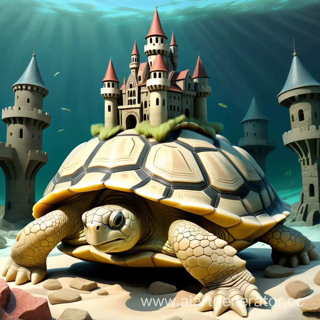 Черепаха, объединенная с замком. На панцире огромной черепахи стоят десятки строений или сама черепаха становится замком из десятка домов, стен, крыш и смотровых площадок.