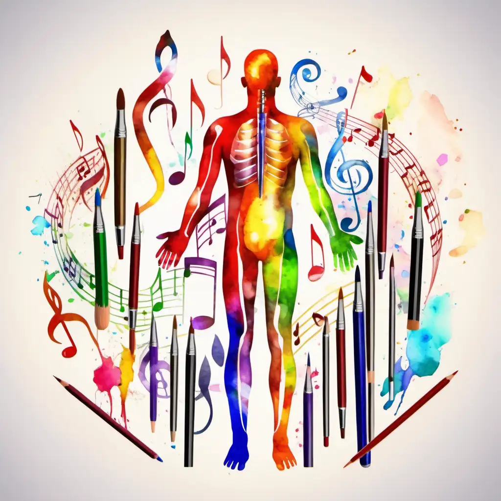colorful medical model human body surrounded by colorful music notes and paintbrushes and colored pencils. watercolor style.