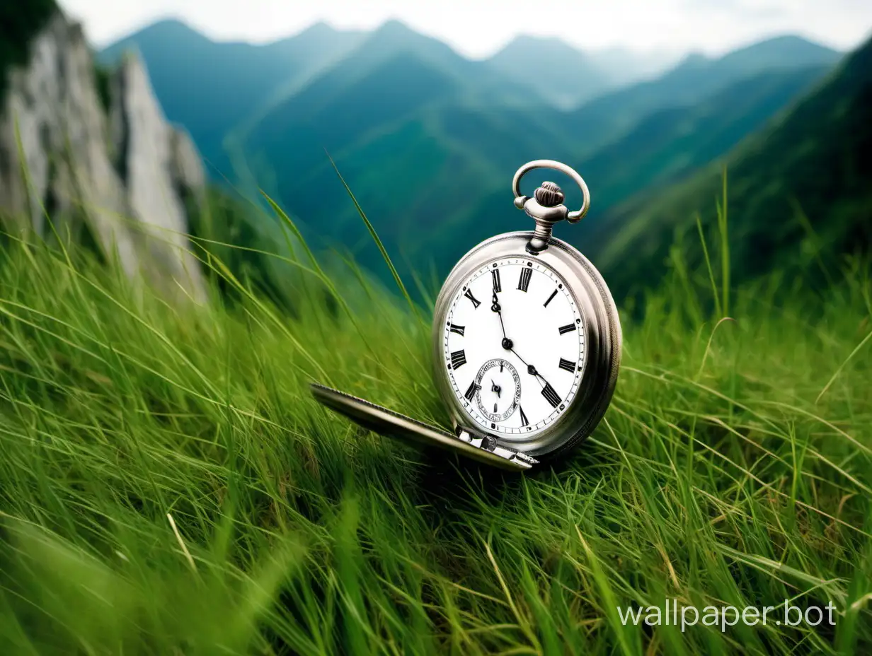 A pocket watch is lying on the grass, in the background of a mountain