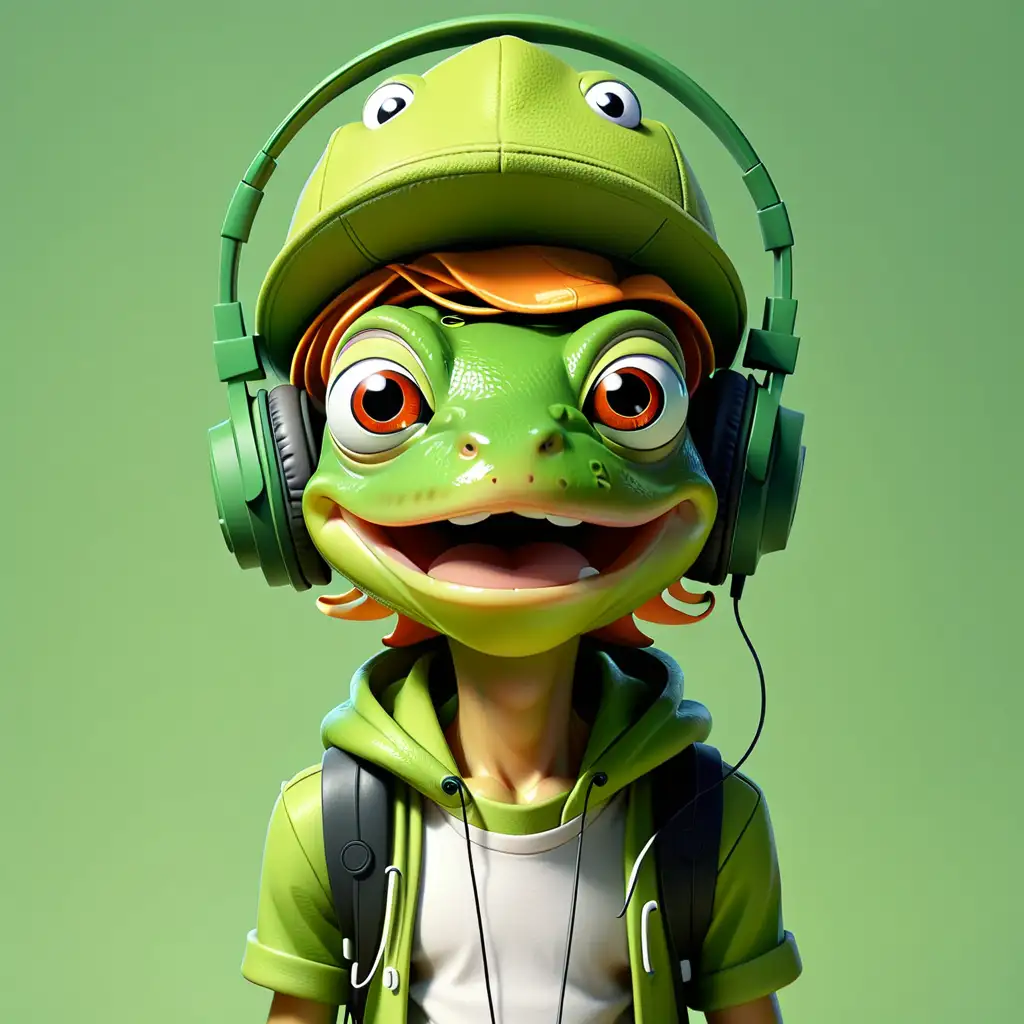 Adventurous Froggy Green Boy with Hat and Headphones