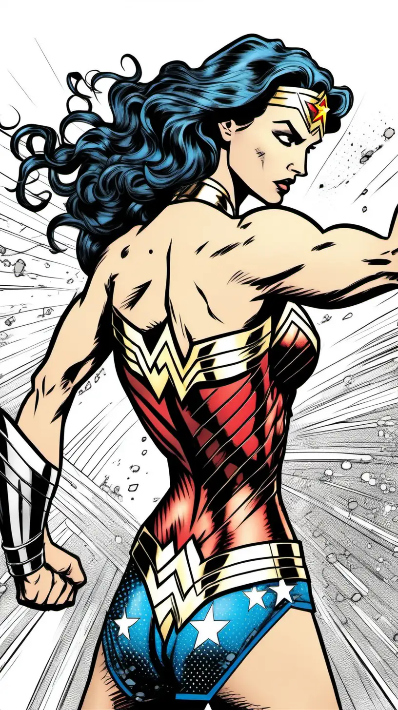 Inked comic book style, Wonder Woman Flexing her back and arms, 