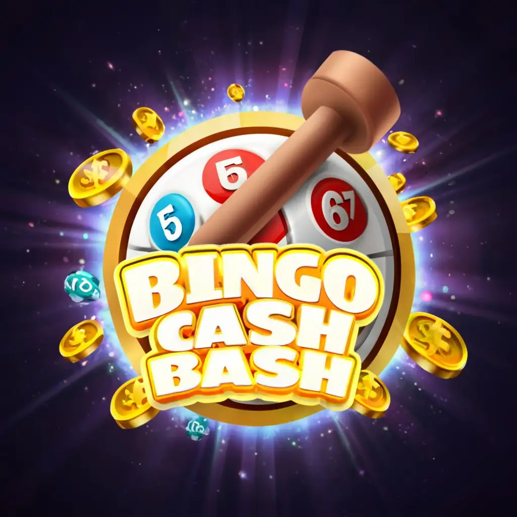 a logo design,with the text "Bingo Cash Bash", main symbol:our gaming app. We imagine a 3D-rendered mallet with a cash/money symbol on the side smashing a bingo ball and cash bursting out around or near the ball USA flag,Moderate,clear background