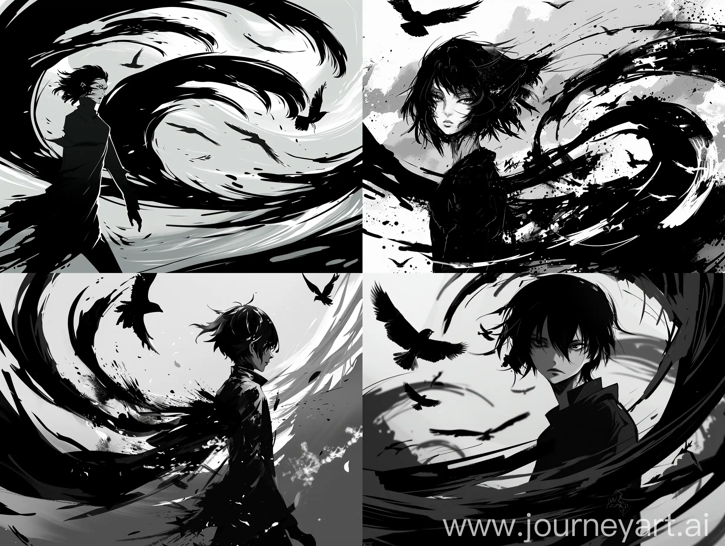 "Create a dramatic black and white anime-style artwork featuring a character who is unafraid of death but haunted by the fear of leaving behind an unremarkable legacy. This character is determined to achieve greatness through their own actions, believing that they alone hold the power to shape their destiny. The artwork should convey a sense of inner turmoil and determination, with the character exuding a cool and confident demeanor despite their internal struggle. Incorporate symbolic elements such as swirling shadows and soaring birds to represent the ever-present specter of mortality and the soaring aspirations of the character. Pay close attention to composition, using dynamic angles and stark contrasts to heighten the drama and intensity of the scene. Ultimately, the artwork should evoke a profound sense of the human spirit's capacity for resilience and the relentless pursuit of greatness."