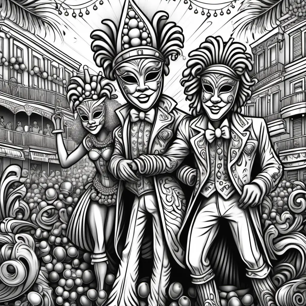 mardi gras style art, figures, coloring page, black and white, cleaner lines, high dof, 8k, = ar 85:110