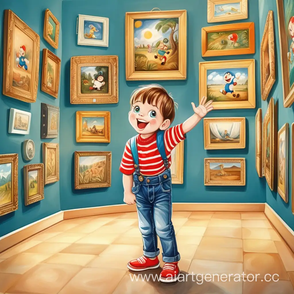 счастливый ребёнок в музее, картины,  мультяшная нарисовка, цветная картинка