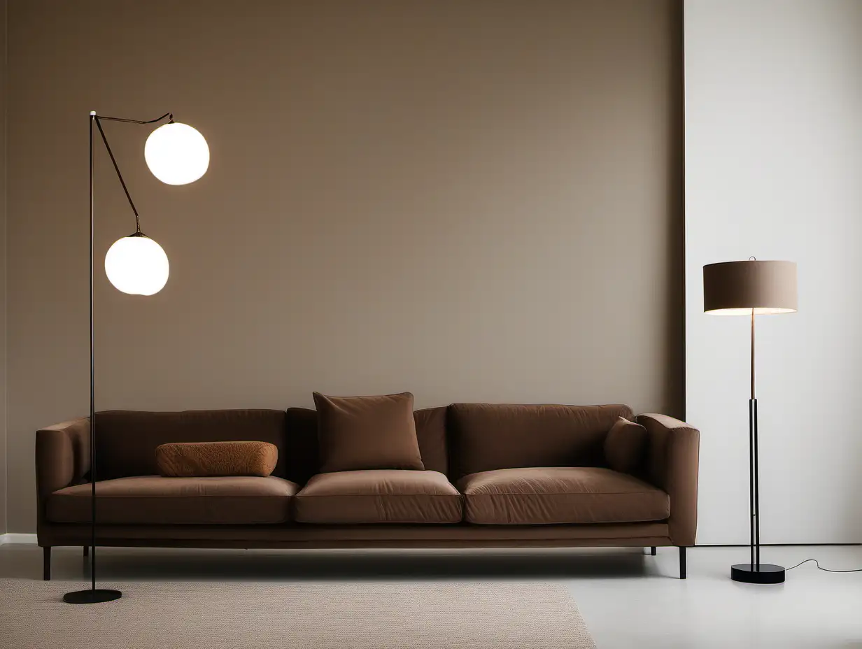 Commercial Photography, modern minimalist living room interior with  brown sofa and floor lamp.