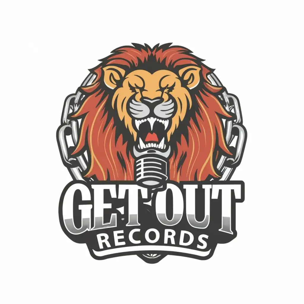 LOGO-Design-For-GetOut-Records-Lion-Emblem-with-Broken-Chain-and-Microphone-Typography