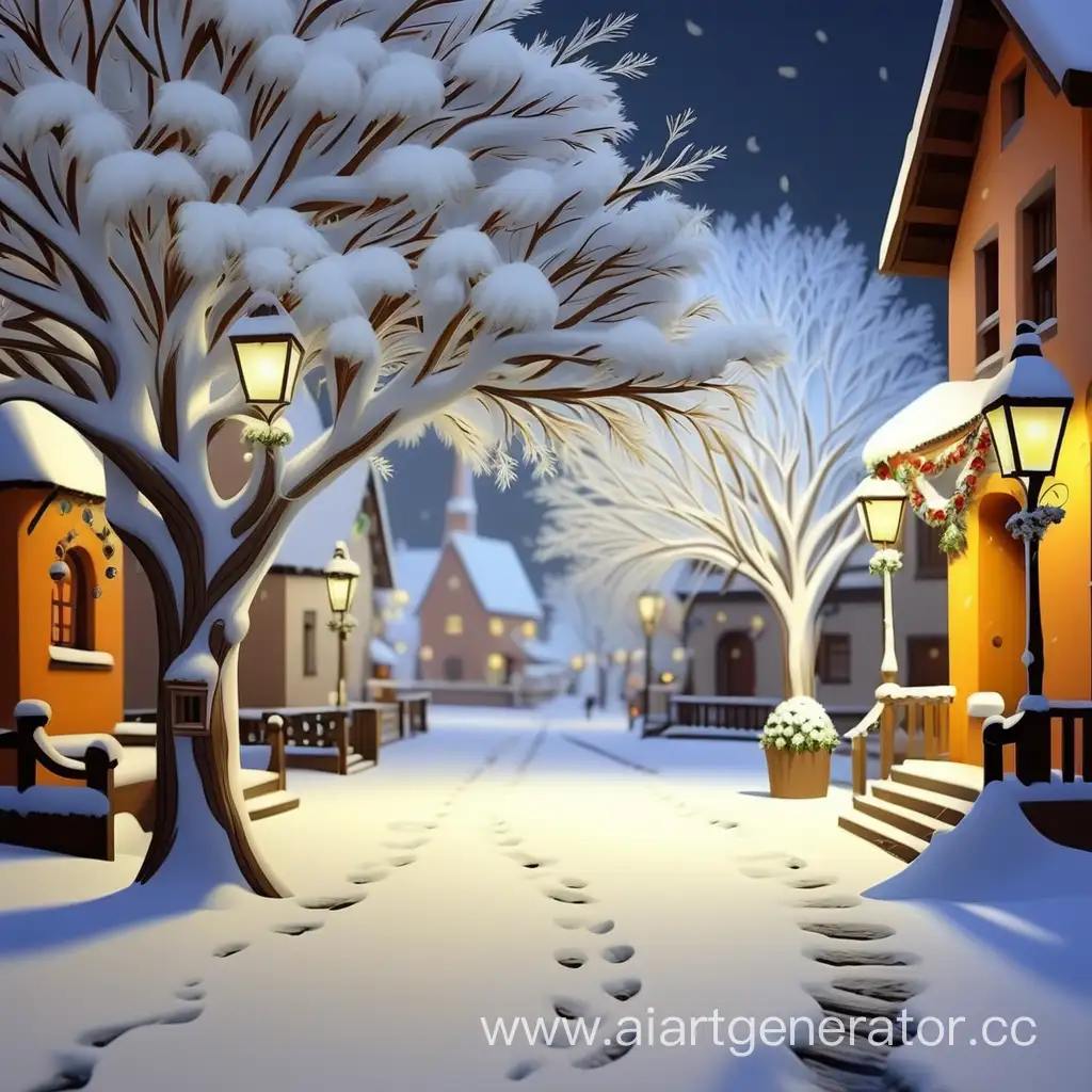 Enchanting-SnowCovered-Village-with-Festive-Decorated-Trees