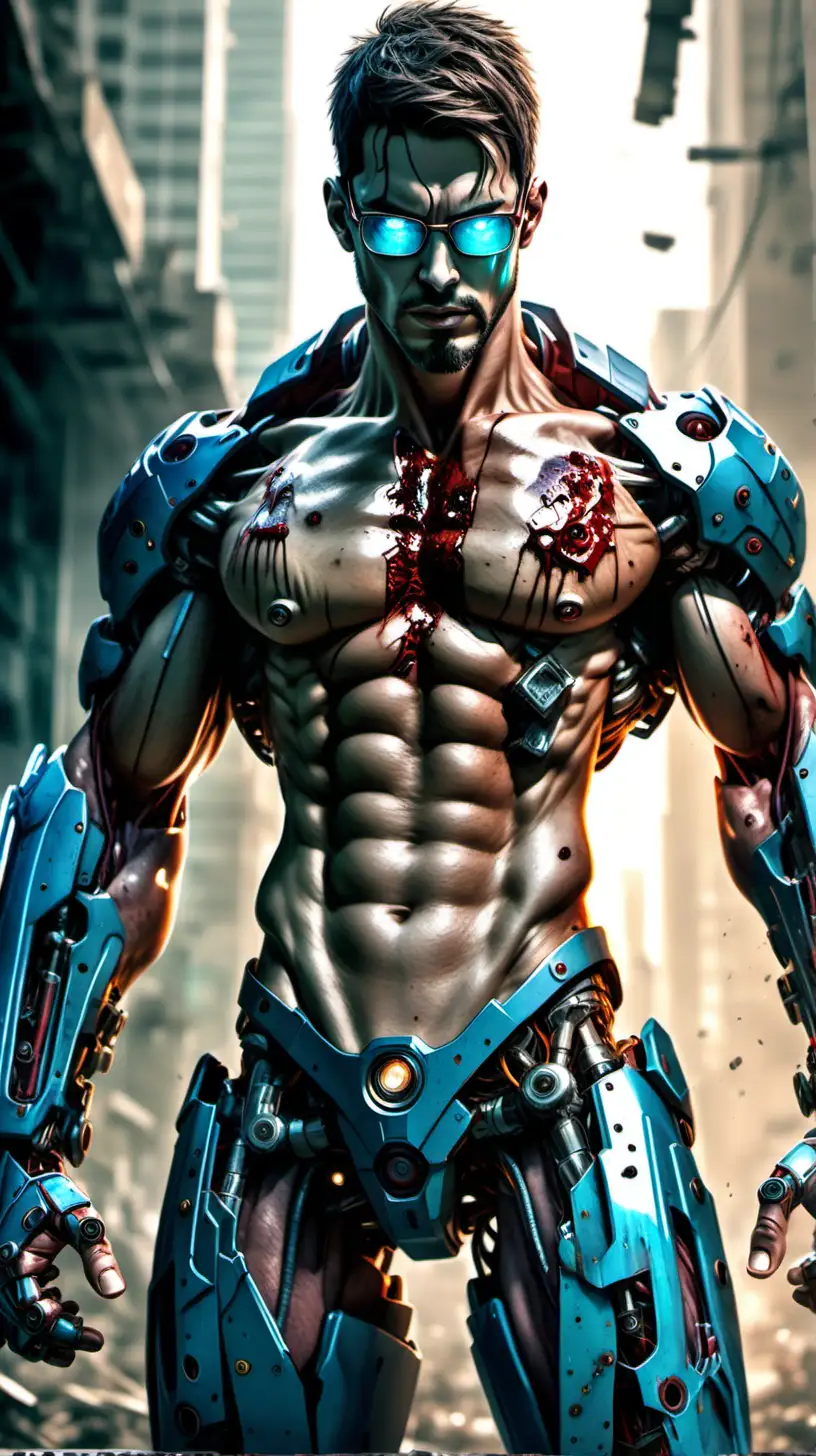 "Create a striking AI image that captures the resilience of a heroic male android. Picture a bloodied, shirtless android with short hair and a rugged beard, his body covered in sweat and blood, lying under the scorching sunlight. He's in the process of recharging, and as the sunlight bathes him, the lights in his aquamarine eyes begin to glow once more.

The android wears glasses and torn pants, remnants of his destroyed battle armor, which showcases the scars of multiple bullet shots on his torso, exposing the intricate mechanical components beneath his artificial muscles. This image tells the story of a determined and unyielding hero, finding strength even in the face of adversity."