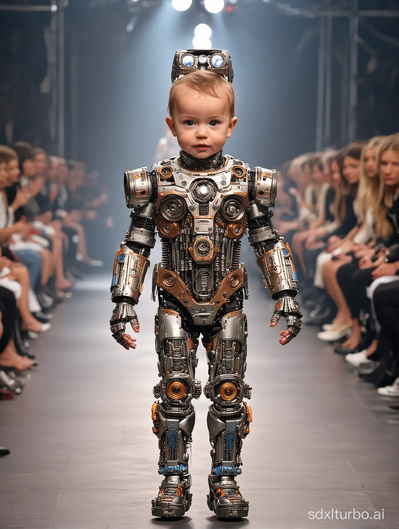 In the Paris Collection, a baby model dressed as a robot 🤖 walks the runway, a baby 👶 top model, walking, (full body shot), (audience on both sides), Paris Collection runway, Paris Collection's runway, (eccentric fashion), outrageous fashion, flashy fashion, Paris Collection