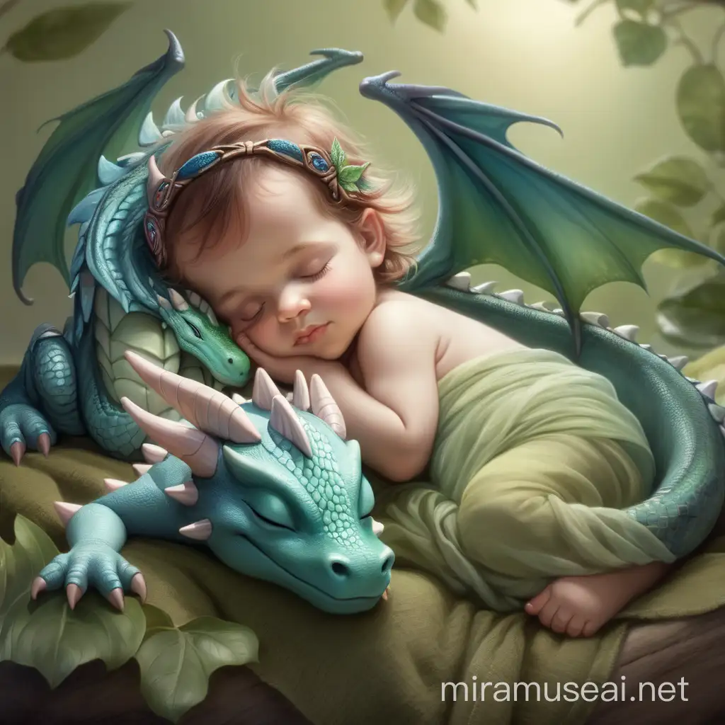 Sleeping Fairy Child with Snuggled Baby Dragon