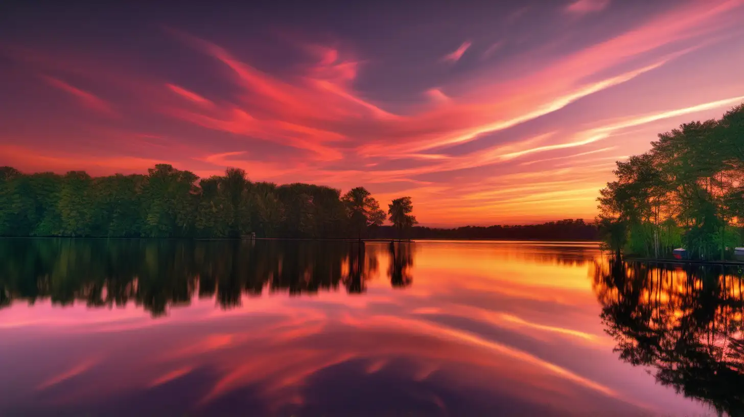 A serene sunset over a tranquil lake, with vibrant hues reflecting off the water.