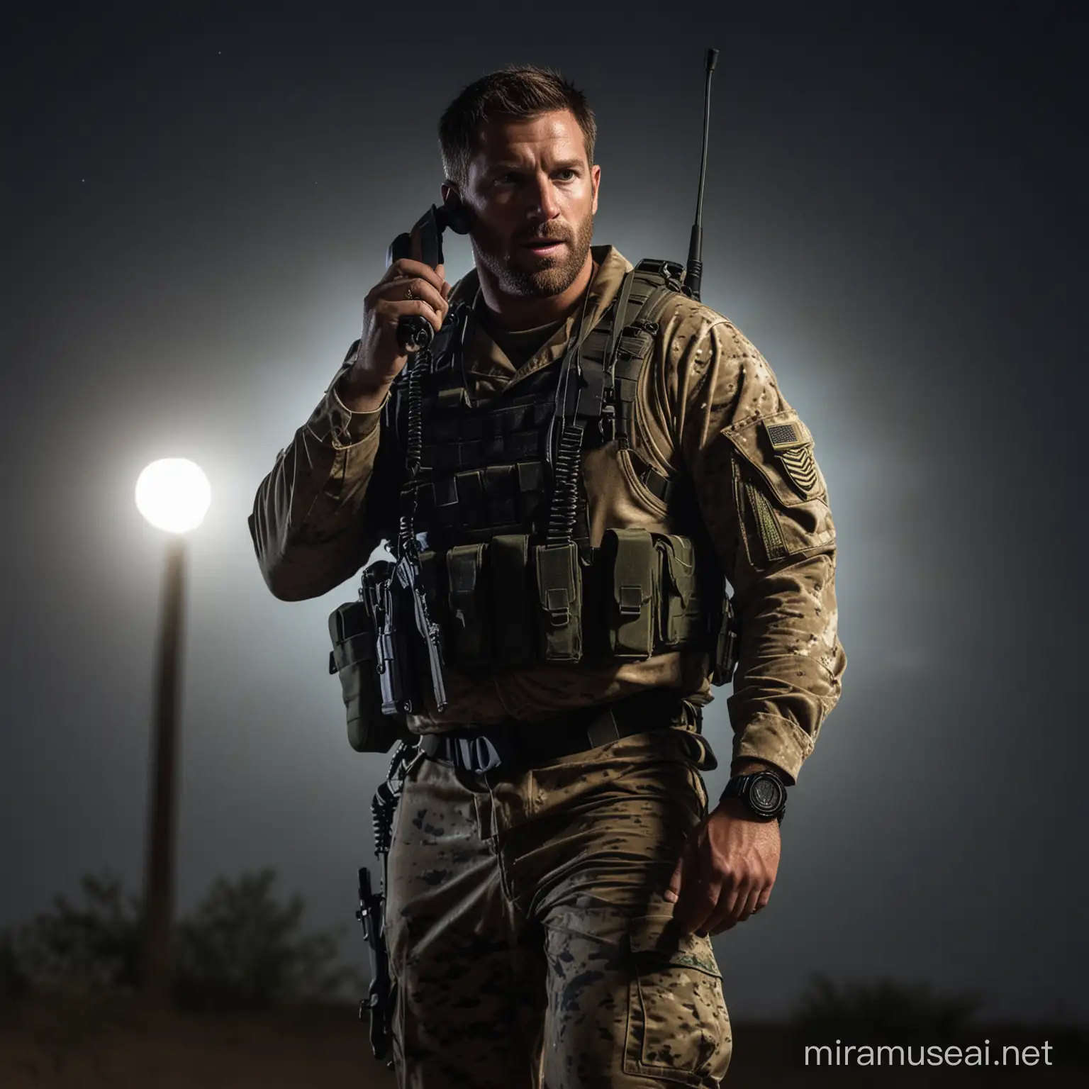 navy seal soldier talking on walkie talkie in night