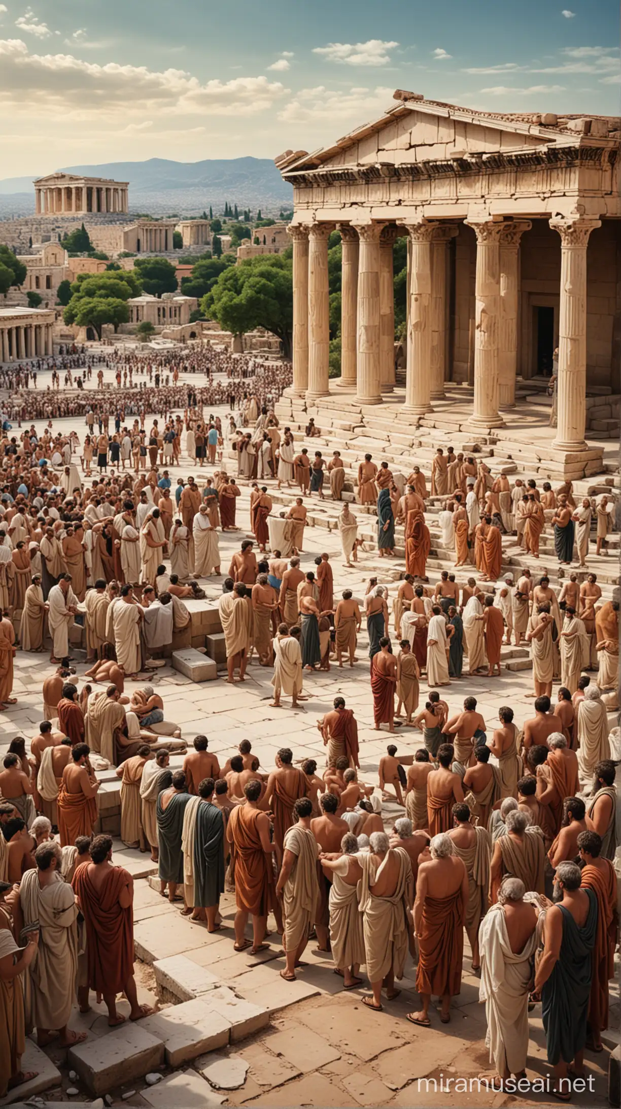 A bustling scene in the middle of a crowded Agora, with Socrates surrounded by people. As Socrates speaks passionately, the people around him listen thoughtfully. In the background, the ancient architecture of Athens and the bustling atmosphere of the Agora enhance the ambiance.