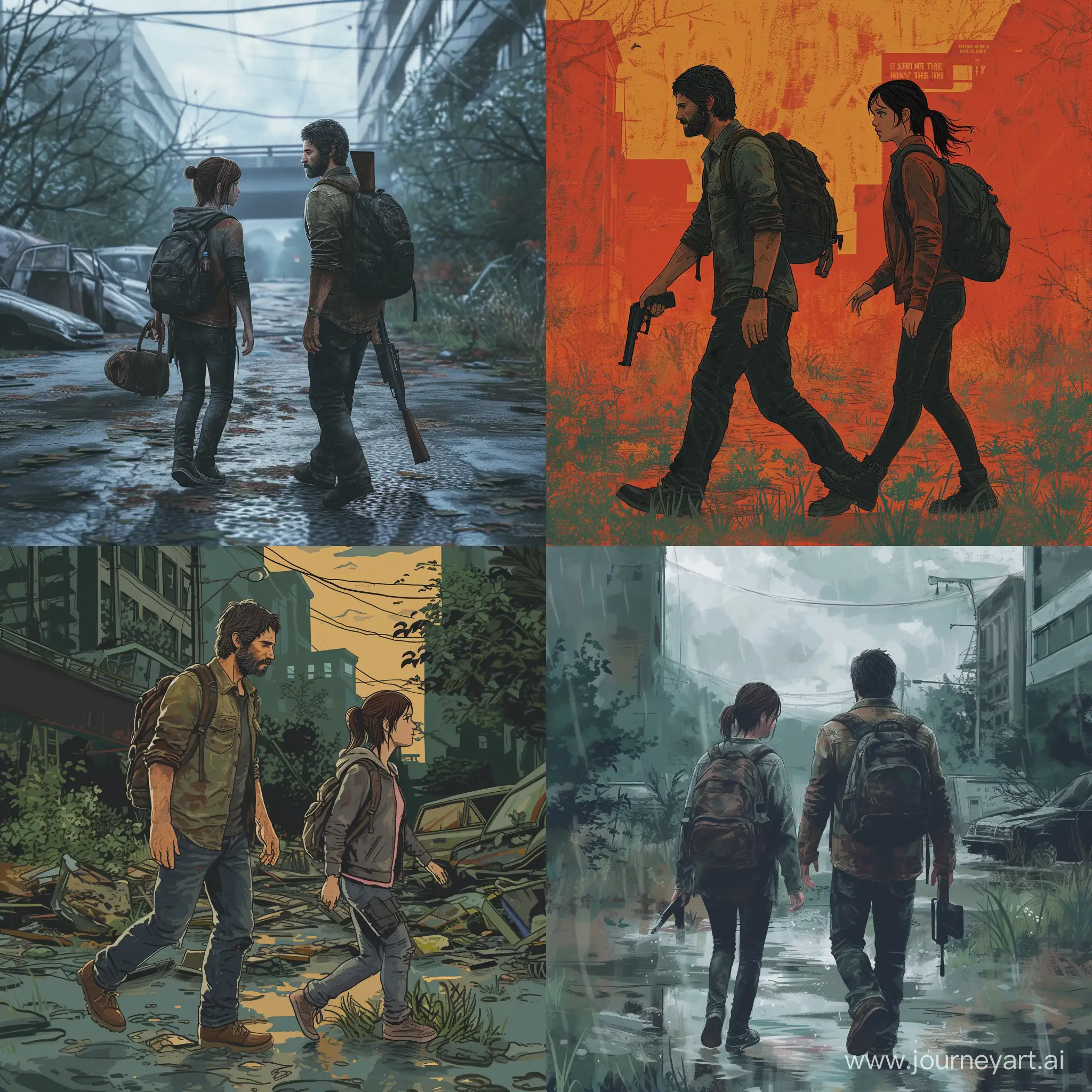 Joel and Ellie from "the last of us" walking in a distopian scene using the style of studio Ghibli