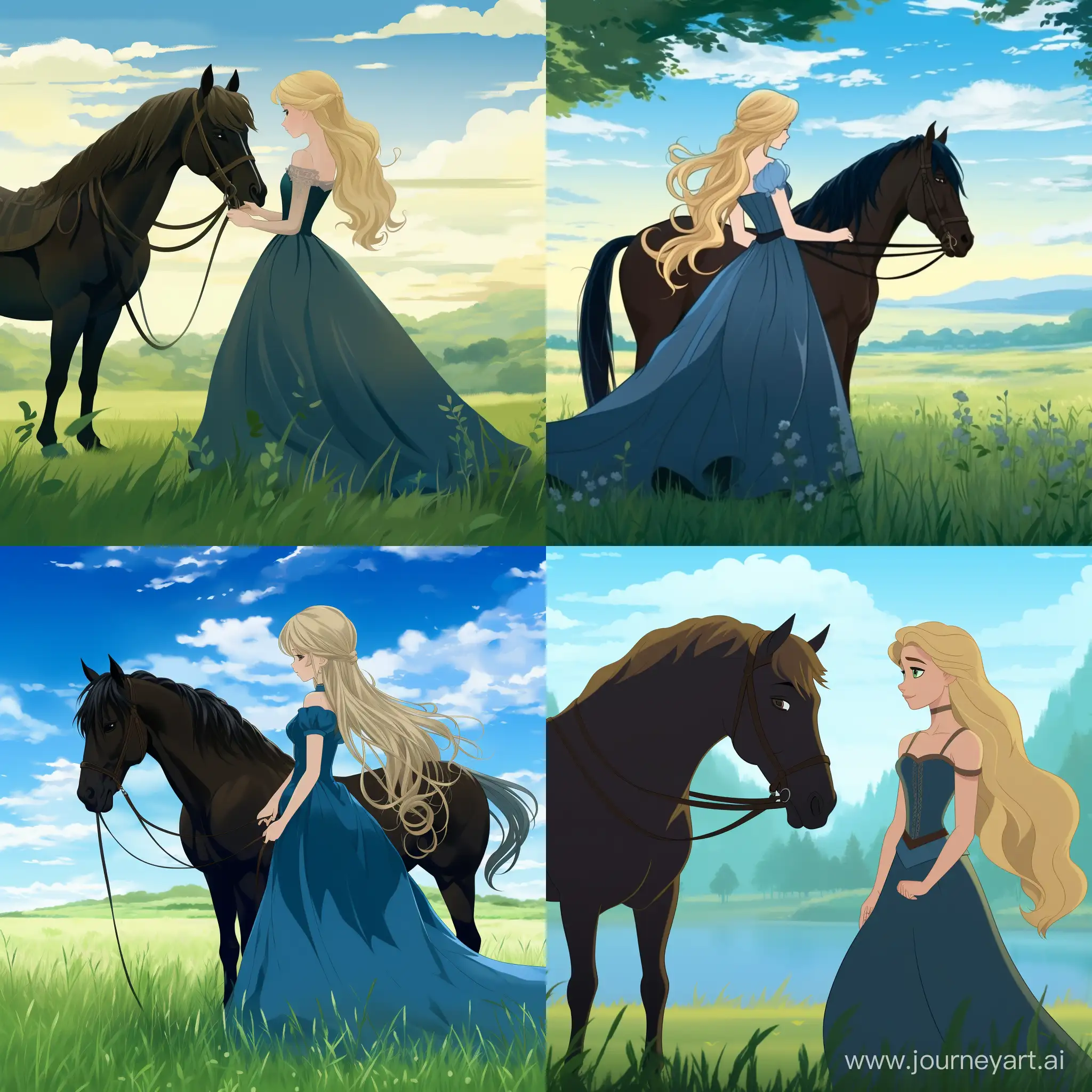 Светловолосая девушка в синем платье стоит рядом с мощной черной лошадью. Она смотрит на нее с восхищением, одновременно ощущая и некоторую тревогу перед этим величественным животным. Девушка нежно поглаживает лошадь по гладкому меху, в то время как животное смиренно наклоняет голову в сторону ее ладони. Их силуэты выделяются на фоне яркого зеленого луга и голубого неба, создавая красивый и гармоничный образ.