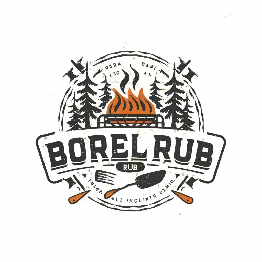 logo, Pine trees surrounding bbq grill, line including fork and spatula, food truck industry, with the text "Boreal rub", typography, be used in Restaurant industry