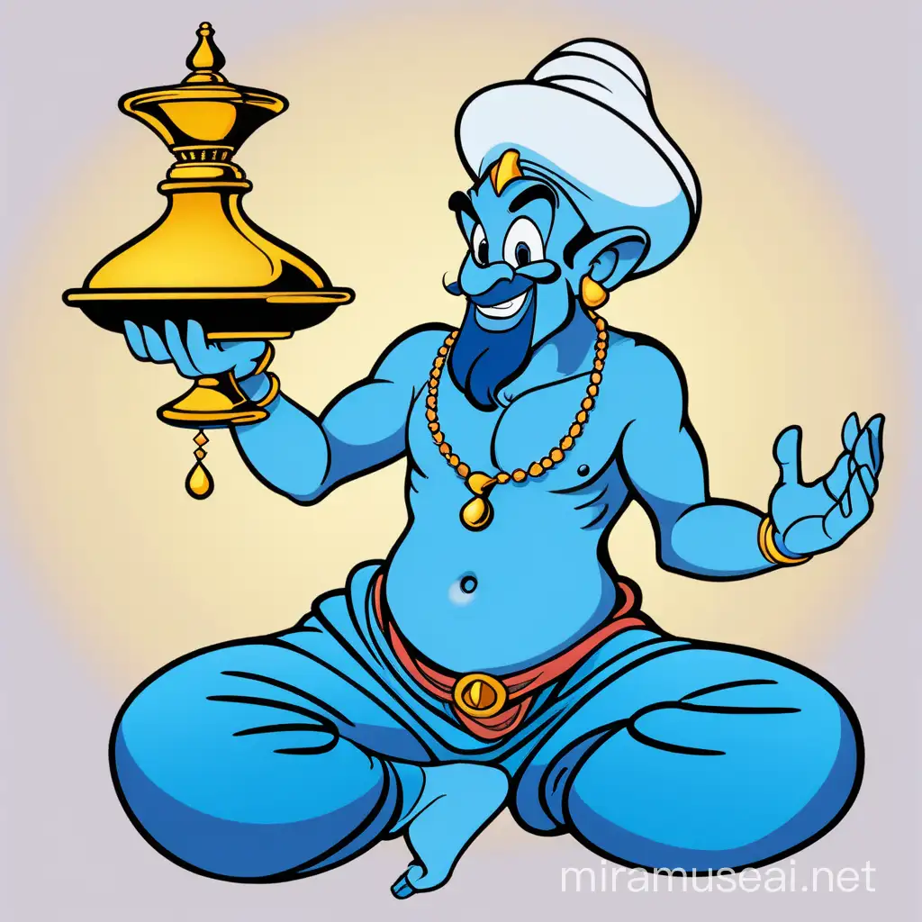 genie of the lamp disney, Blue Genie from disney 1992,  vector art, colored illustration with a black outline, genie from aladdin disne