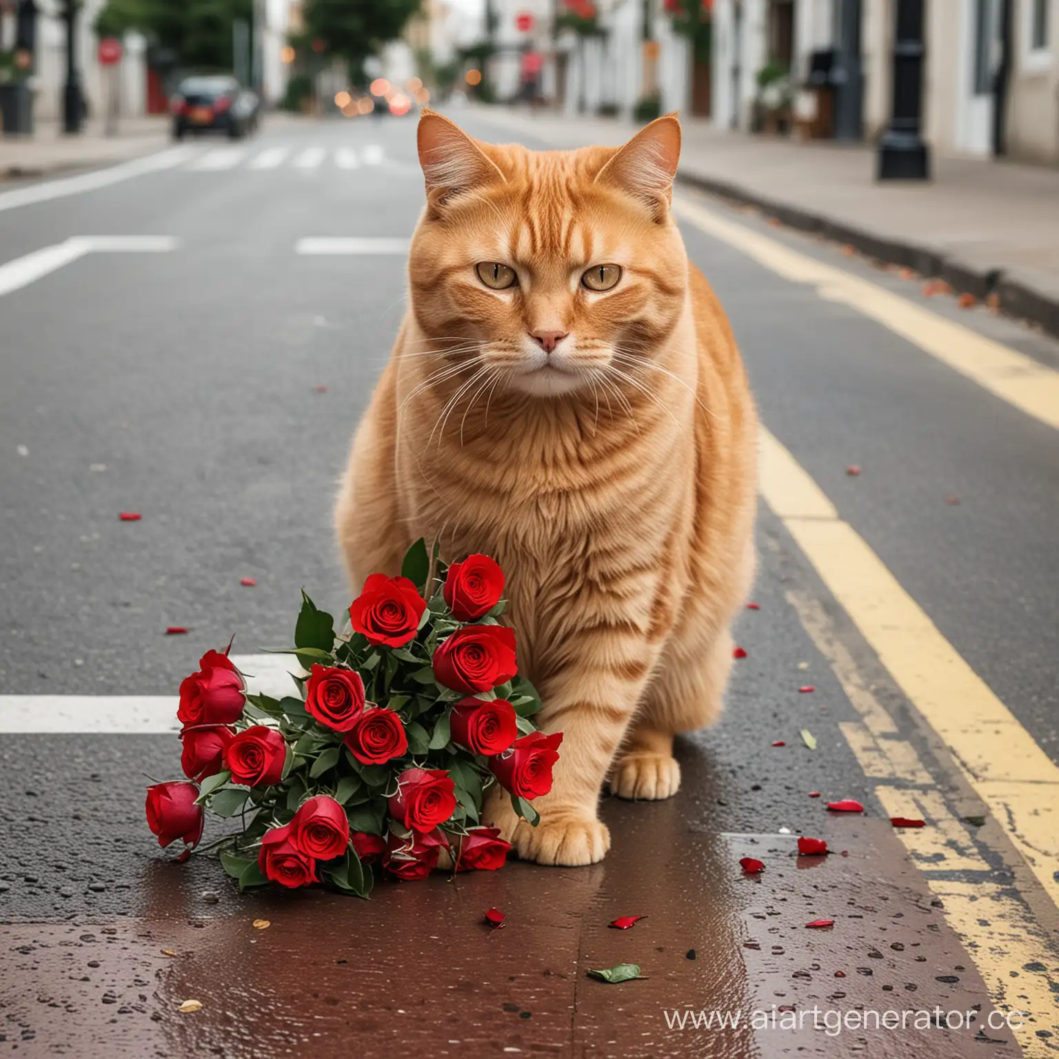 толстый рыжий кот с букетом красных роз переходит дорогу по пешеходному переходу