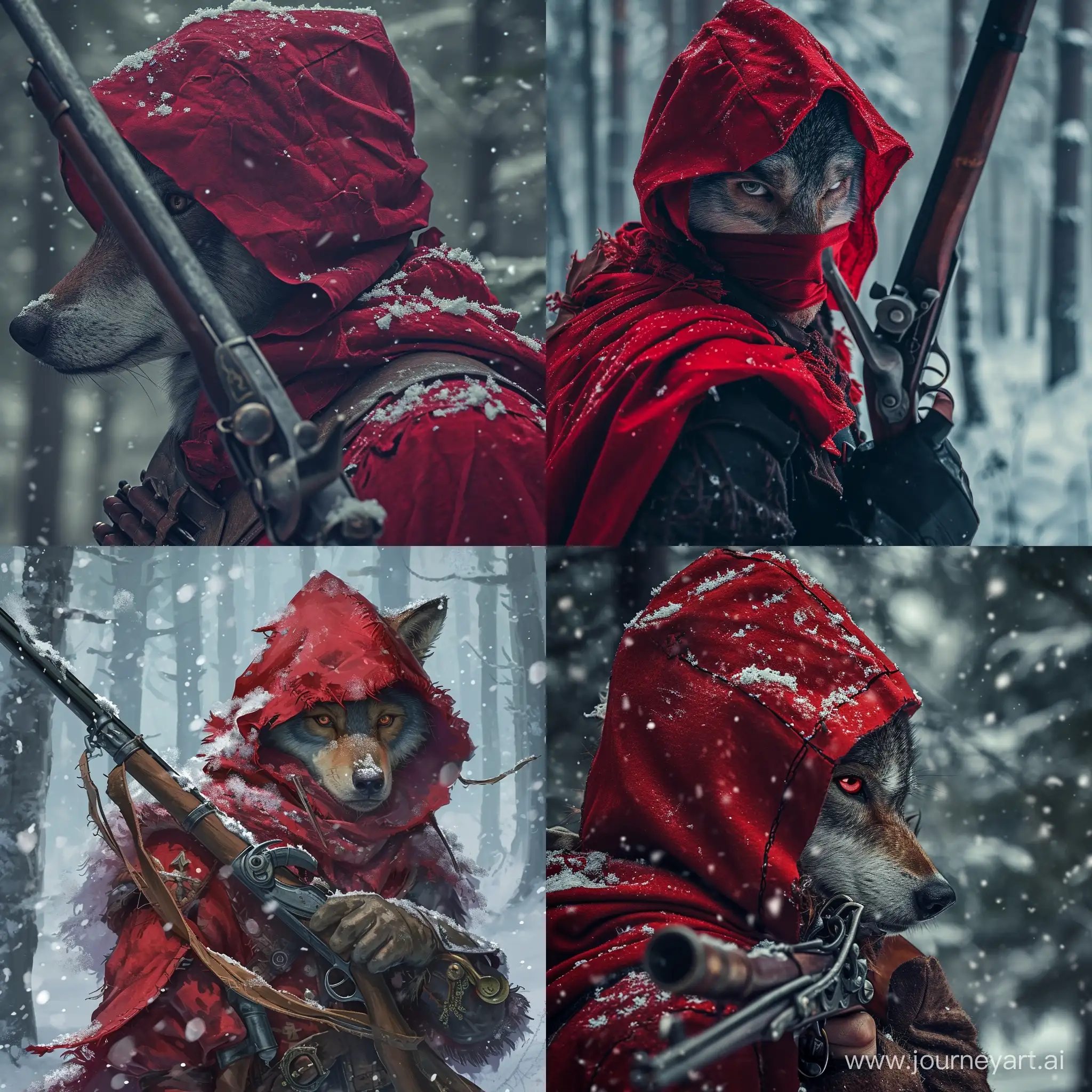 Bandit with musket in red hood, and he has left wolf eye. Snow fantasy forest.
