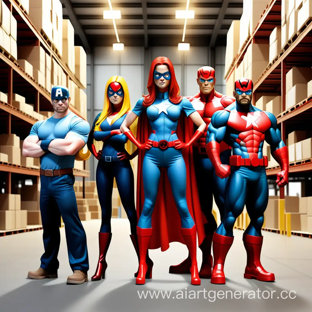 продавец консультант женщина, сотрудник склада мужчина, кассир  женщина и прораб мужчина. Все стоят на фоне склада в образе супер-героев марвел