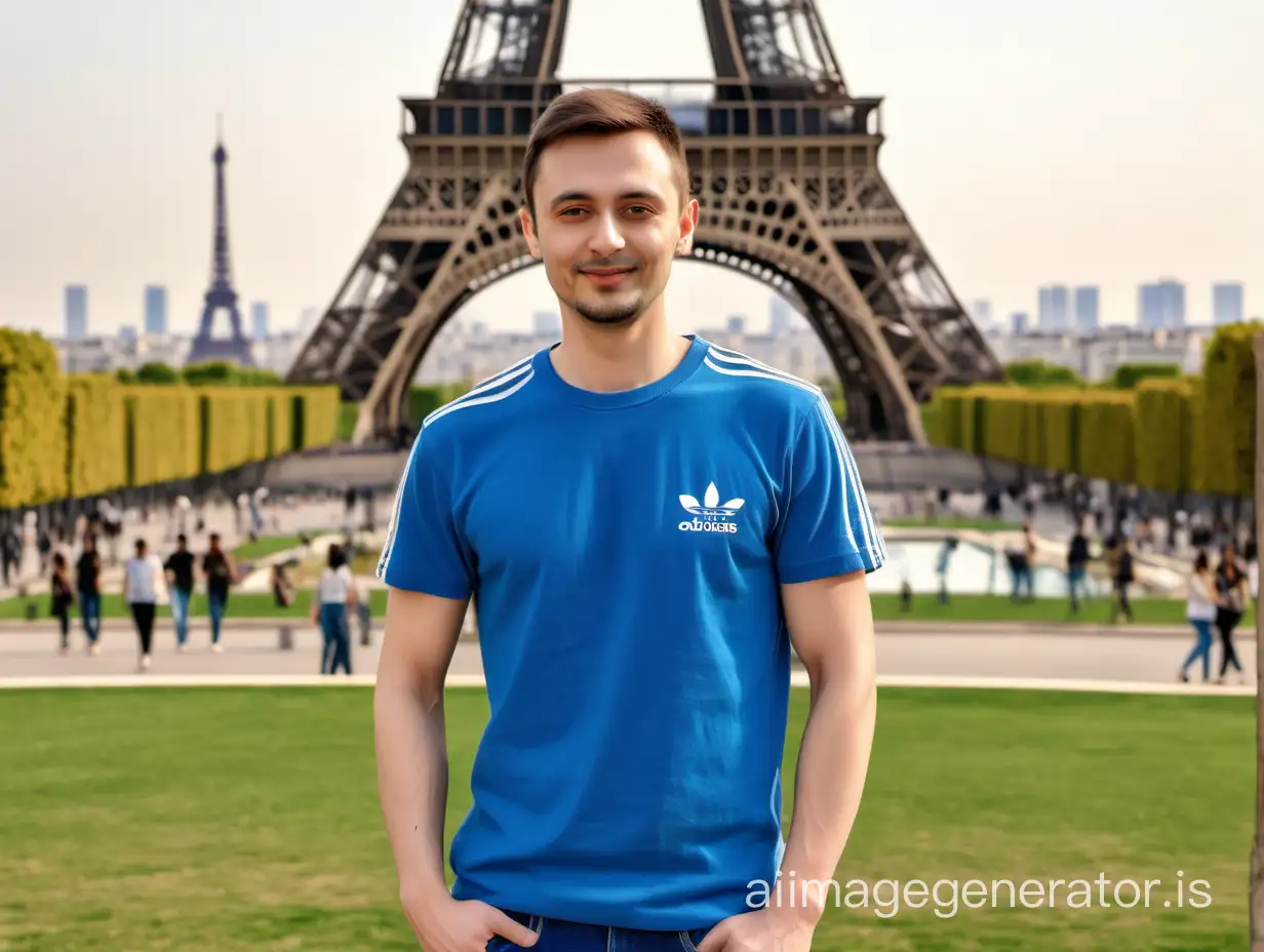 Man, 30, Russian, lean body, eyes without double eyelids with long tails, short hair, standing, full frame of body, dressed in a blue adidas T-shirt and blue jeans, light smile, standing in the park in front of the Eiffel Tower in Paris, detailed photo, 8k